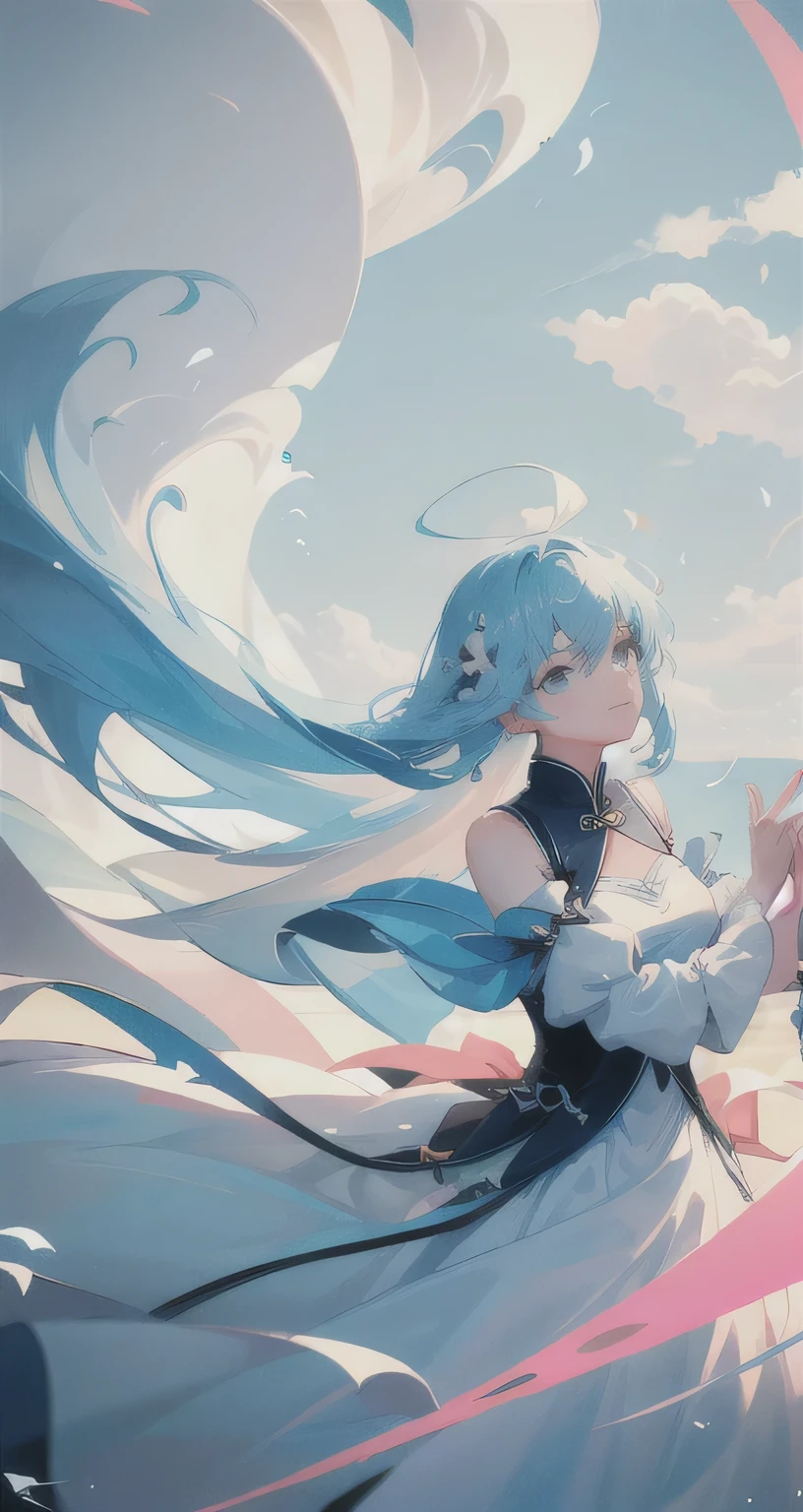 masterpiece, highest quality, movie stills, 1 girl, floating in the sky, cloud girl, cloud, (close:1.1), China dress、bright, Happy, fun, soft lighting, (bauhaus, shape, OK, abstract:1.1)