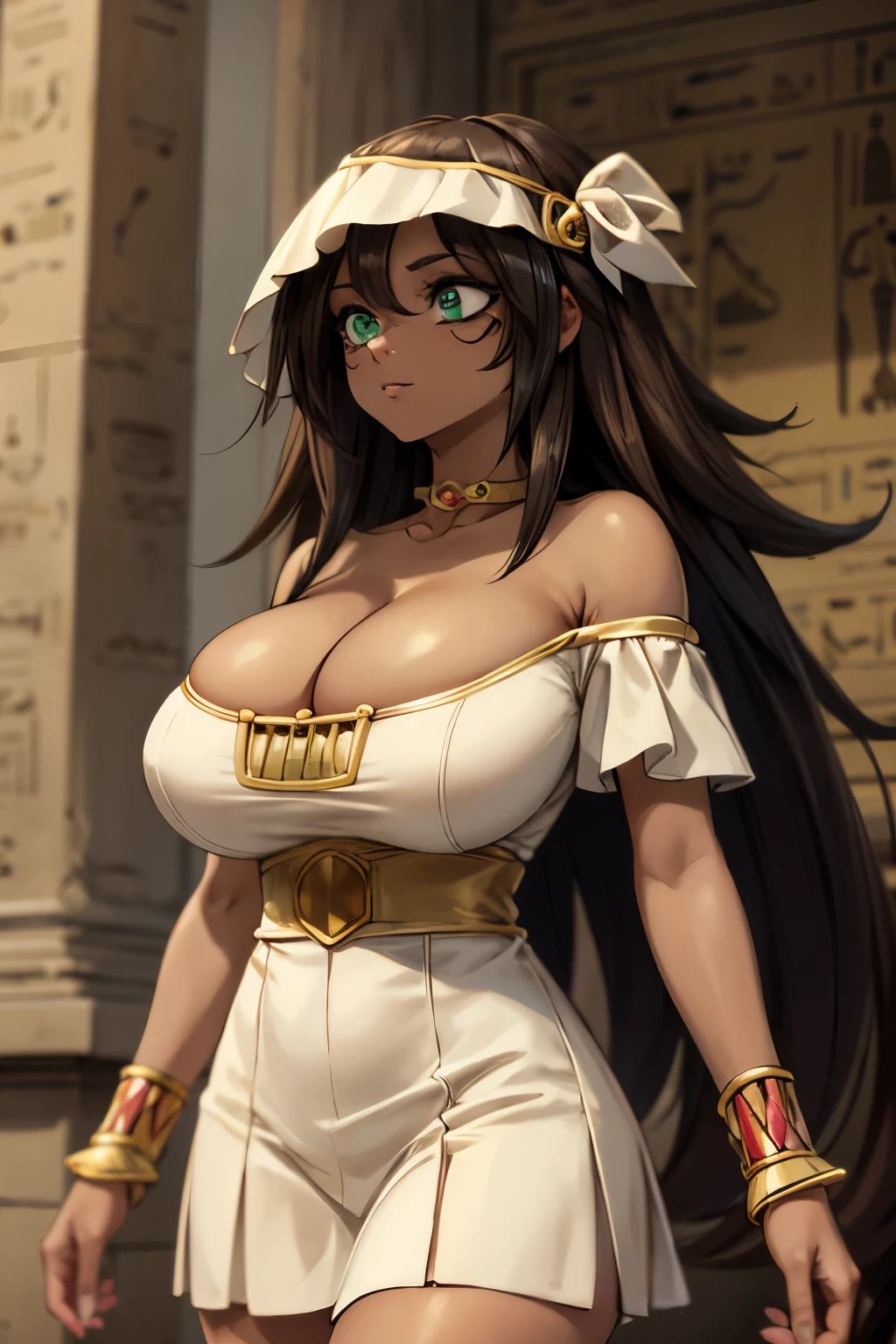 long hair, spiked hair, breasts, skirt, brown hair, green eyes, dress, cleavage, bare shoulders, jewelry, medium breasts, facial tattoo, choker, dark skin, necklace, off shoulder, dark-skinned female, neck ring, egyptian, egyptian clothes,, ultra detailed, masterpiece, best quality, aesthetic, detailed,