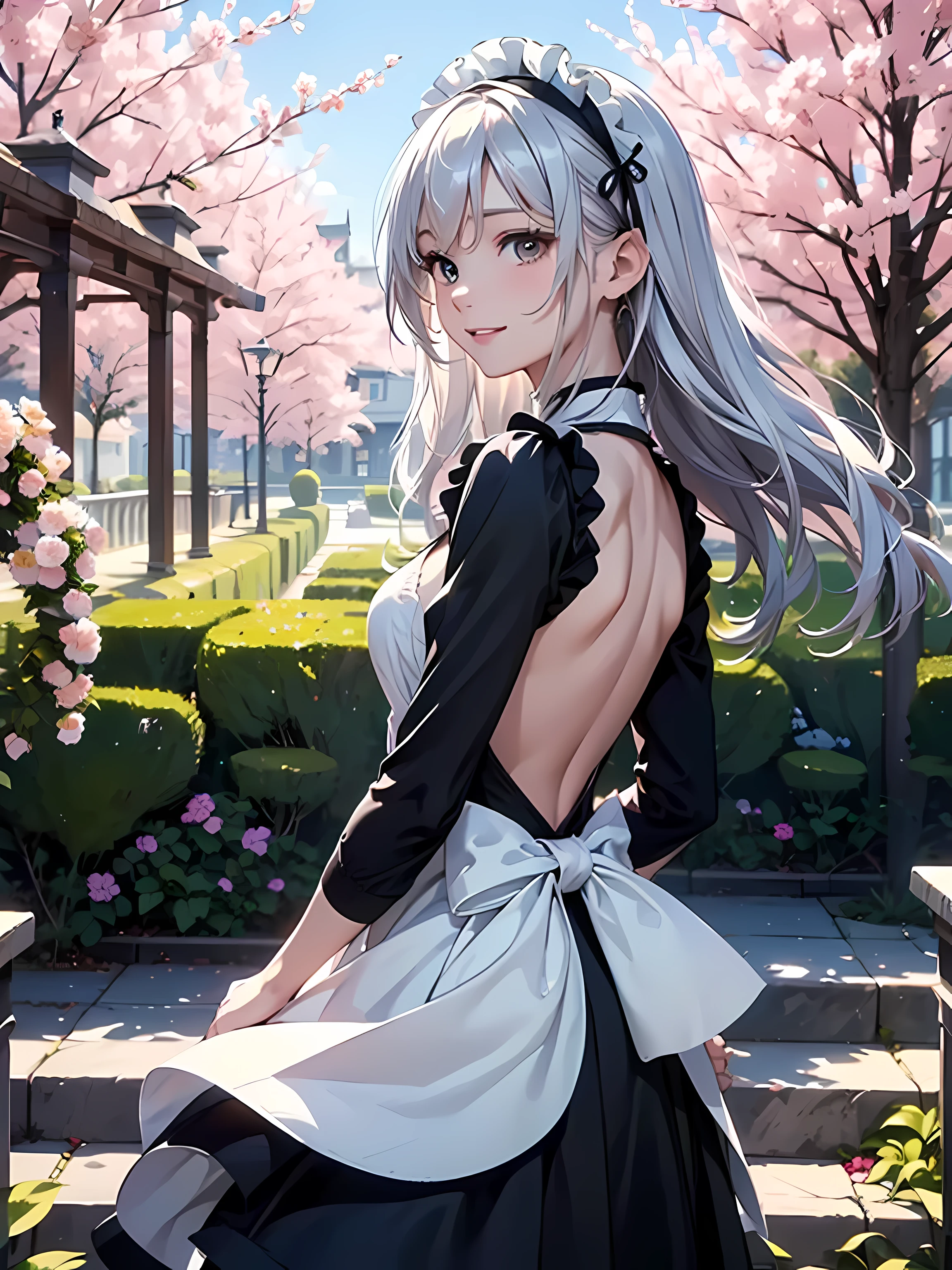 ((masterpiece、highest quality、High resolution、8K))、One female、(attractive woman)、silver hair、long hair、messy hair、smile、black eyes、detailed eyes、white headband、break、Black backless maid outfit、Head to knee、look back、((stare into the distance))、A gorgeous garden filled with blooming flowers、Highly detailed animated illustrations、