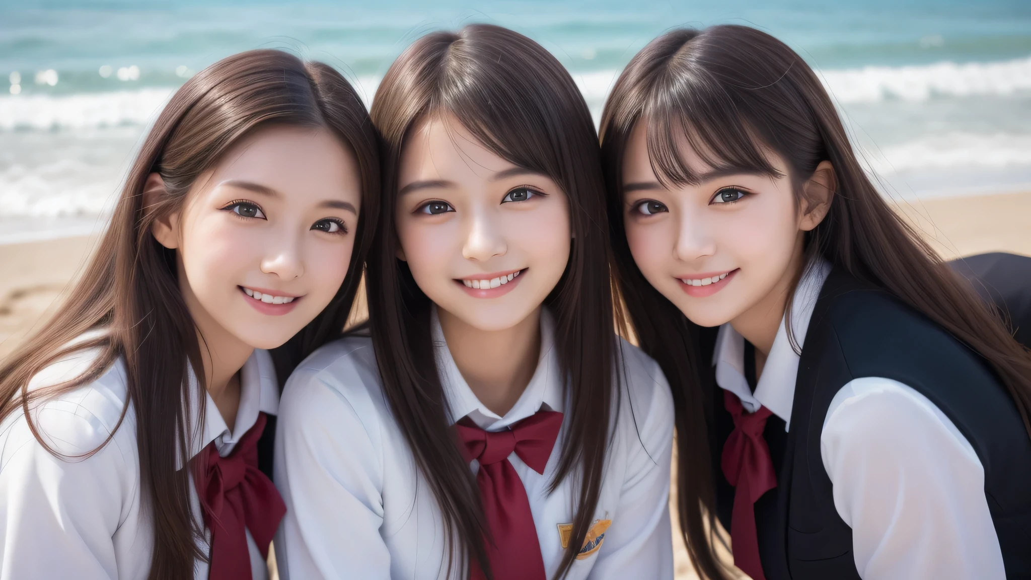 (1girl), (big smile), beautiful face, Amazing face and eyes, delicate, (Best Quality:1.4), (Ultra-detailed), (extremely detailed beautiful face), (princess hair cut style), cute smile, brown eyes, (highly detailed Beautiful face), (high school uniform:1.2), (extremely detailed CG unified 8k wallpaper), Highly detailed, High-definition raw color photos, Professional Photography, Realistic portrait, evening, Extremely high resolution, smiling, modern, trendy, fashionable, Group photo of high school girls, face close-up, (beach)