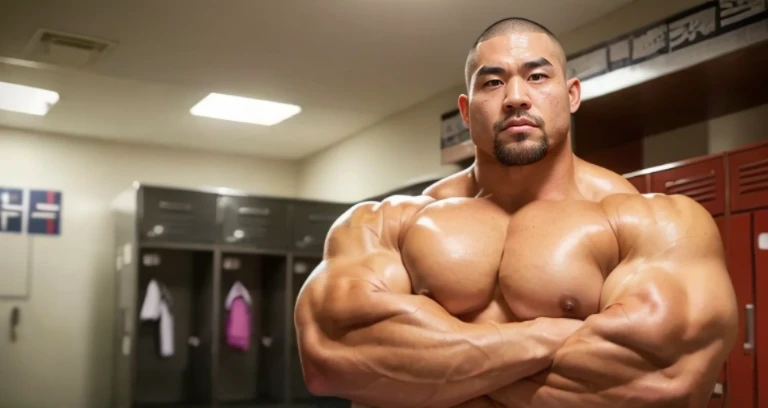 (crossed arms:1.4), (glairing bodybuilder:1.4), (at locker room:1.4), 40's, (Japanese face:1.4), (Korean face:1.4), (Chinese face:1.4), (Taiwanese face:1.4), manly face, fat face, (round face:1.4), (monolid eyes:1.2), (buzz cut:1.5), very large and strong body, bulky body, beefy muscles, (bulging muscles:1.4), (very large pectoral muscles:1.4), (muscular arms:1.4), muscular abs, muscular legs, muscular back, bright oily skin, (realistic:1.2), distant view