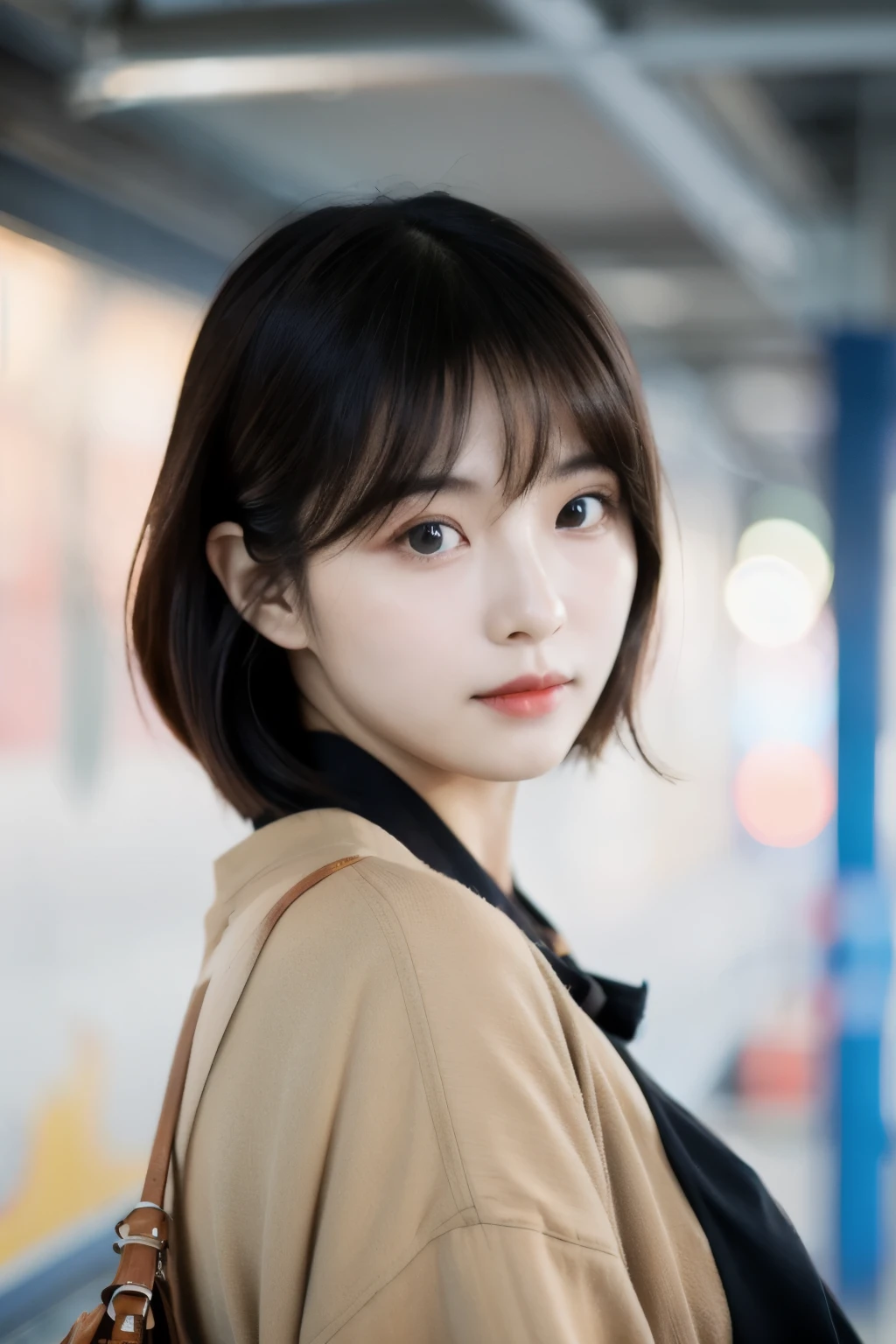 Cinematic Photo of a beautiful korean fashion model bokeh train