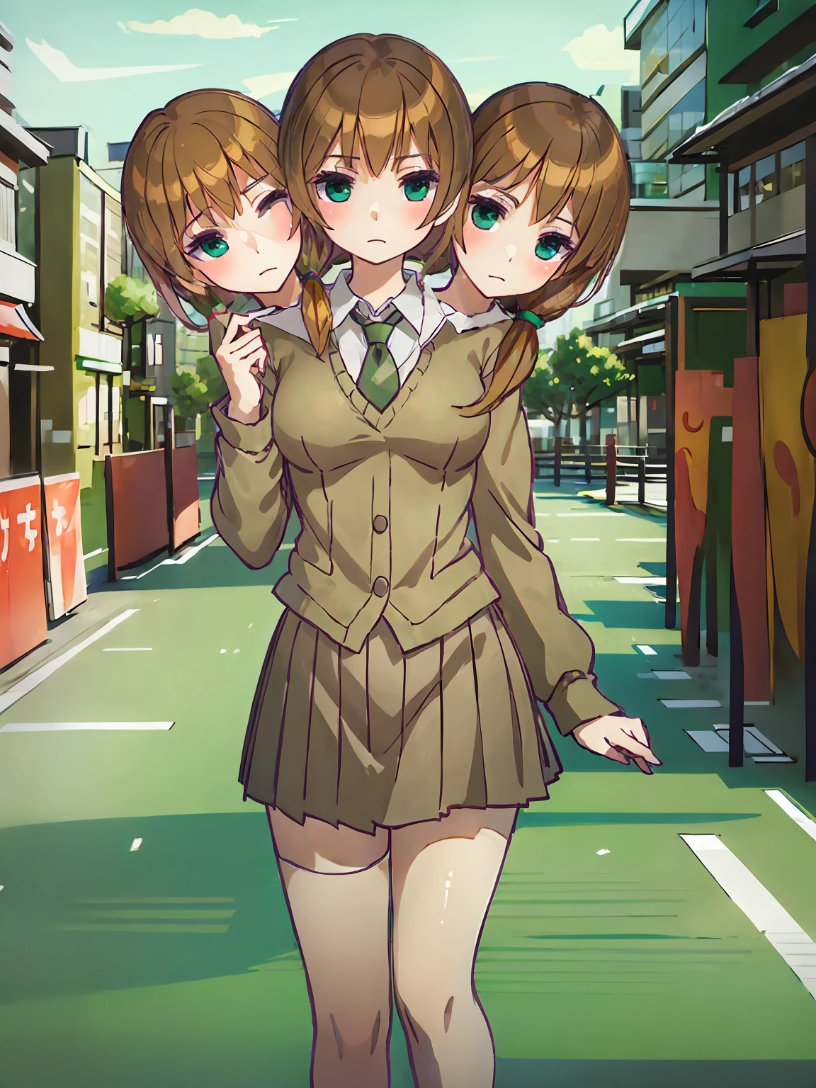 (masterpiece,best quality),best resolusion,(3heads:1.5),1 girl,Long brown hair tied in front,green eyes,wearing a brown long-sleeved uniform,wearing a green tie,wearing a short brown skirt,big breasts,looking at the audience,tokyo city streets background