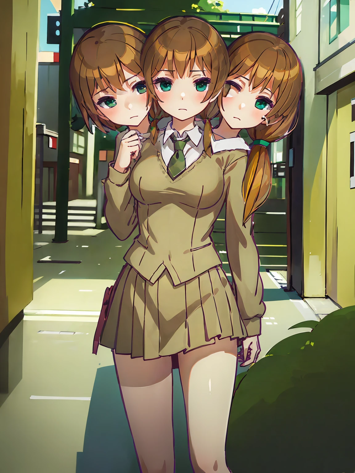 (masterpiece,best quality),best resolusion,(3heads:1.5),1 girl,Long brown hair tied in front,green eyes,wearing a brown long-sleeved uniform,wearing a green tie,wearing a short brown skirt,big breasts,looking at the audience,tokyo city streets background