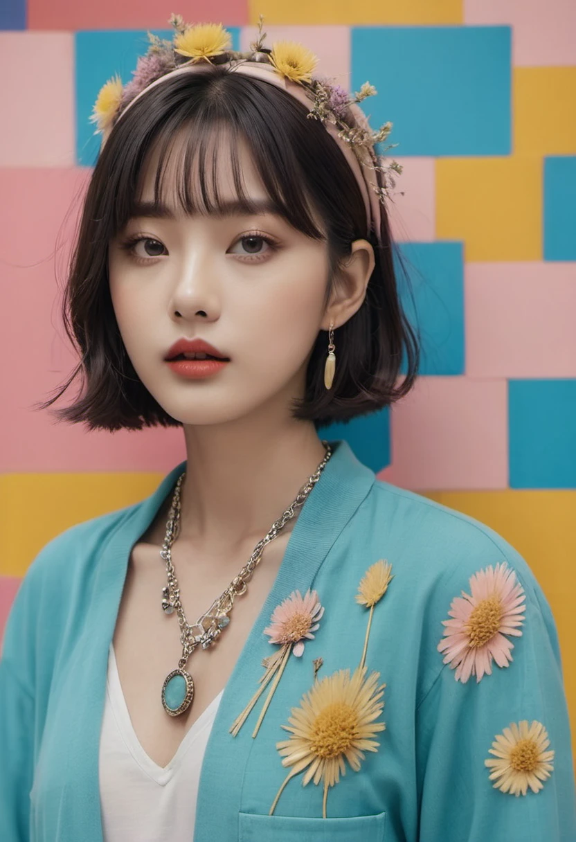 (extra detailed body、extra detailed face、best qualtiy:1.2)、femele、looking at the viewers、(Wacky fashion、dried flower、a necklace, pastel clothing、Asymmetry)、(Colorful color wall)