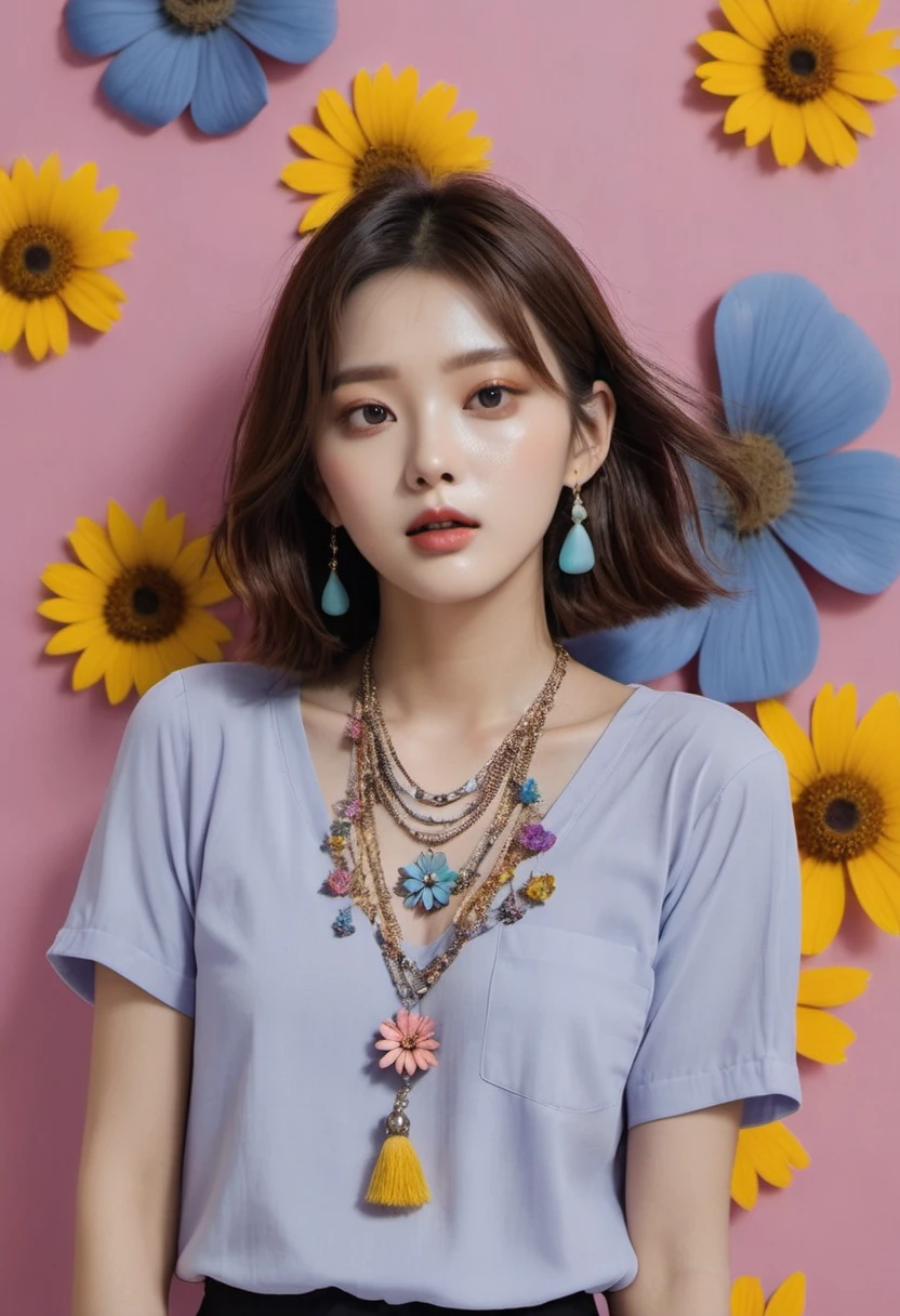 (extra detailed body、extra detailed face、best qualtiy:1.2)、femele、looking at the viewers、（Wacky fashion、dried flower、a necklace, pastel clothing、Asymmetry)、(Colorful color wall)