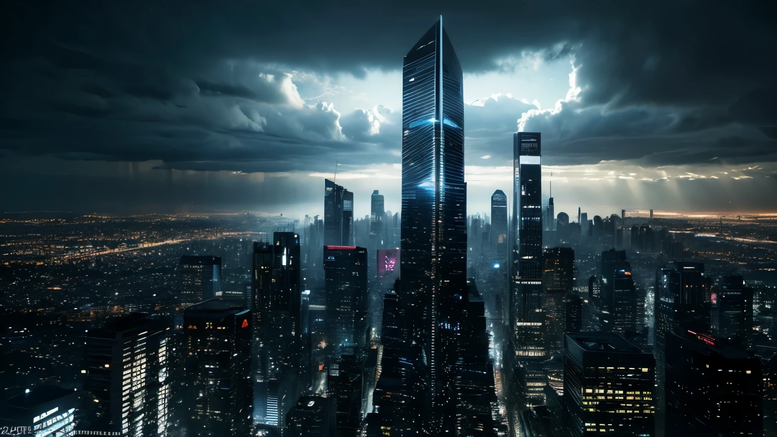 (Tech Black, dystopia, disparity:1.2), Overcrowded cities, Gray skyscraper, blue ambient, captivating beauty, masterpiece, highest quality, realistic digital art, detailed background, 8k