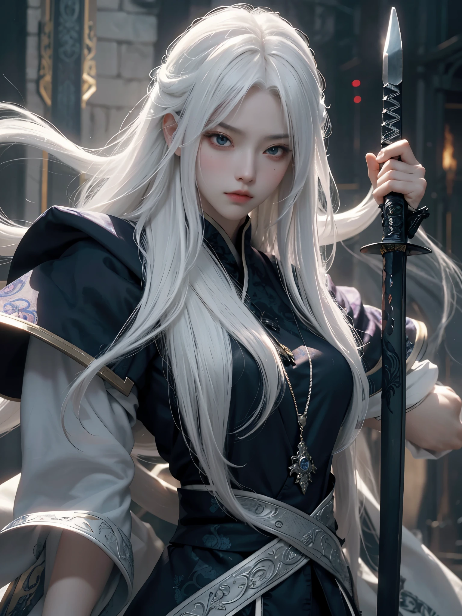 1girl, white hair, bright yellow eyes, white clothing, thorns on the back, big sword
