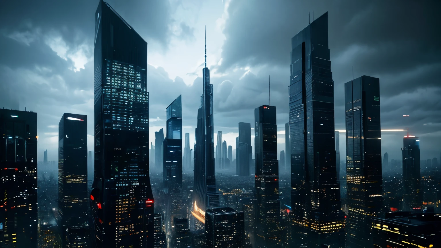 (Tech Black, dystopia, disparity:1.2), Overcrowded cities, Gray skyscraper, blue ambient, captivating beauty, masterpiece, highest quality, realistic digital art, detailed background, 8k