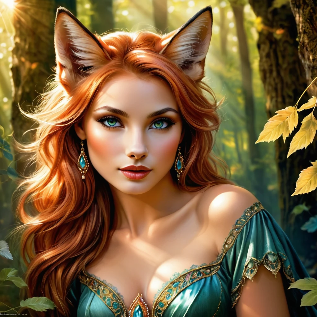 high resolution,Ultra-detailed,La femme renard,Beautiful detailed eyes,Beautiful detailed lips,cheveux longs et flottants,peau de porcelaine impeccable,posture gracieuse,Supernatural beauty,Enchanted forest background,couleurs vives,doux soleil, Percer les arbres,mythical creature,esprit de la nature,motifs complexes sur sa fourrure,elegant and attractive look,expression douce et sage,portrait artistique,Works of'art picturales,Style fantastique réaliste,Palette de couleurs douces et chaleureuses,ambiance de conte de fée,A subtle glow, éclairant les traits de son visage,Accents dorés scintillants,suspicion of'une aura magique,fascinating and fascinating presence, NSFW