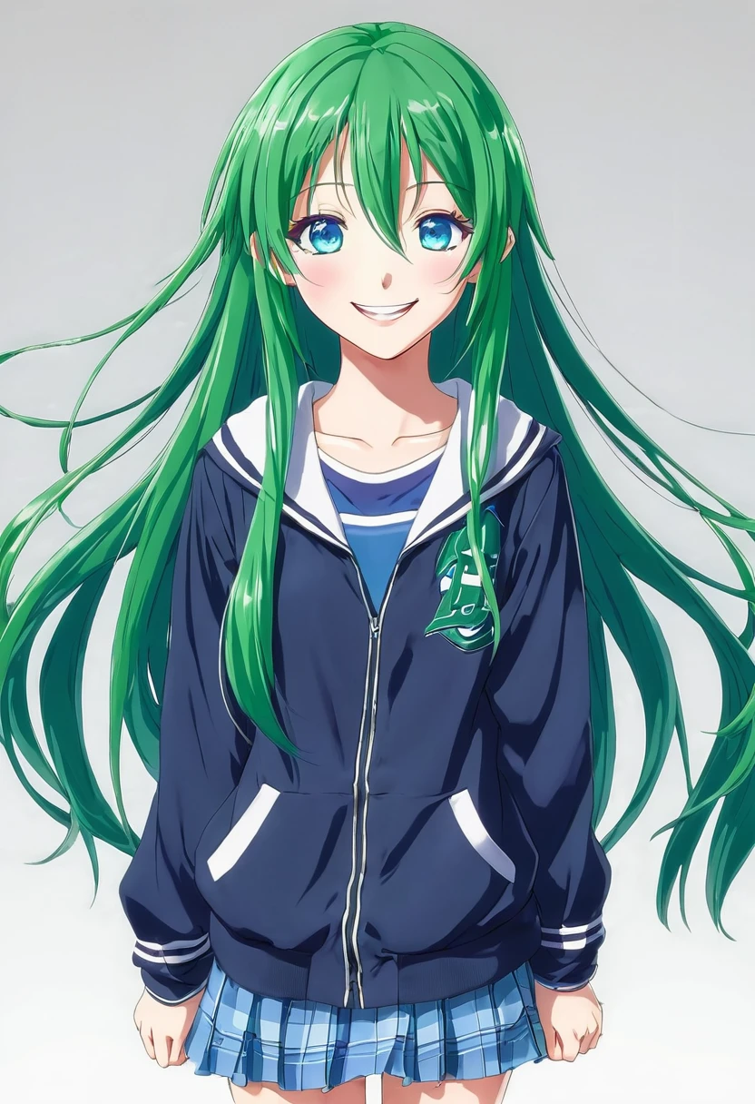 Anime girl with blue eyes, long green hair, and high school clothes. A girl with a bright smile