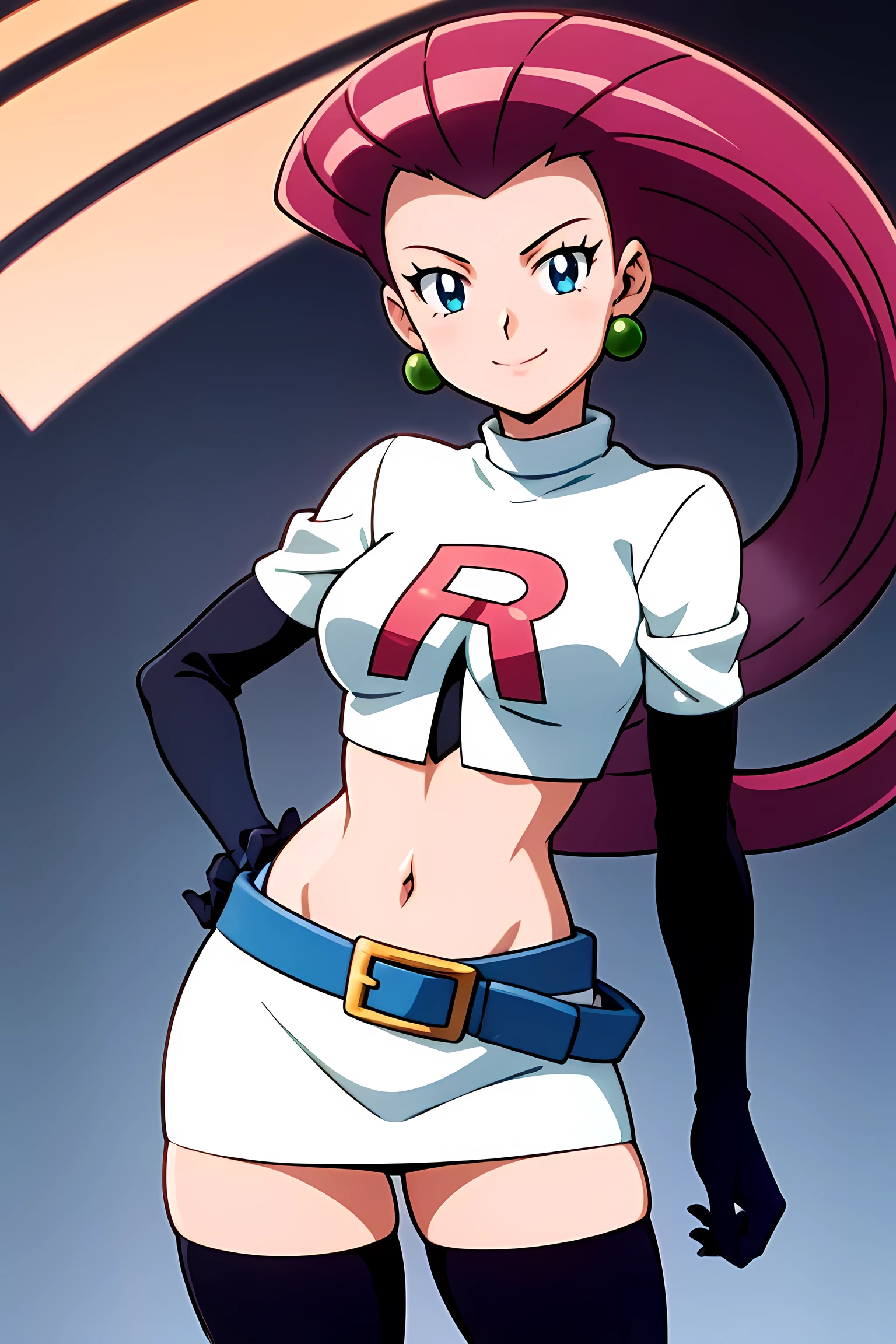 (highest quality:1.3),(ultra-become familiar with:1.5),High resolution,extremely become familiar with CG,unity 8k wallpaper,official art,become familiar with,super become familiar with skin,perfect anatomy,beautiful become familiar with eyes,(anime screenshot:1.11),very delicate and beautiful,(90s anime,90s anime style,cel shaded anime:1.17),1 girl,anmnr,
((jessie pokemon:1.52)),Team Rocket, gloves, slicked back hair, long hair, jewelry, skirt, belly button, Thighhighs, earrings, elbow gloves, Team Rocket uniform, crop top, blue eyes, abdomen, white background, belt, black gloves, very long hair, simple background, smile, black Thighhighs, purple hair, looking at the viewer, chest, white skirt, miniskirt,