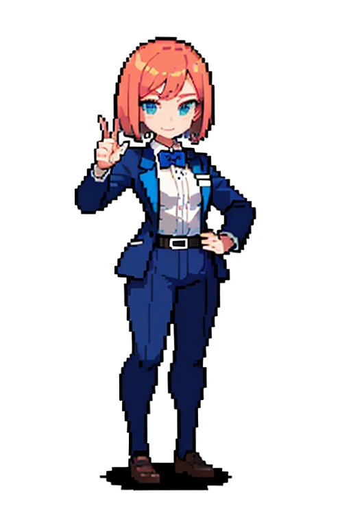 pixel, pixel art, , short hair, four corners, whole body, teacher, pink suit, blue bow tie, girl, wink