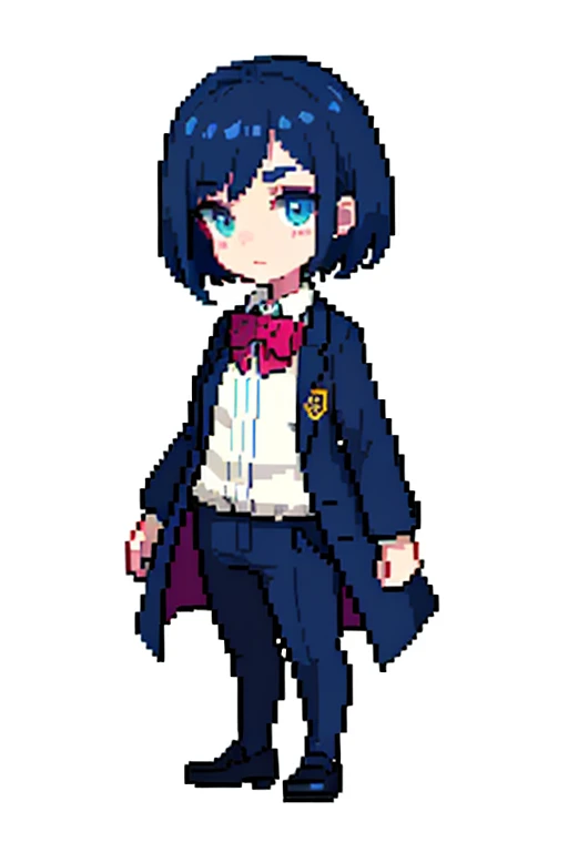 pixel, pixel art, , short hair, four corners, whole body, teacher, pink suit, blue bow tie, girl, wink