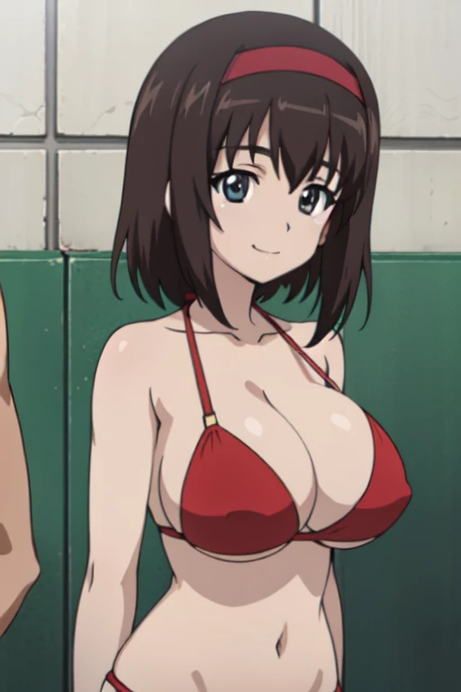 (anime cels style, best quality, high resolution, megami magazine, anime poster style, photorealistic), (beautiful eyes:1.2), kondou_taeko:1.5, Girls und Panzer, 1girl, smile, medium hair, brown hair, brown eyes, (red headband under bangs), (huge breast), (red bikini), upper body, (perfect detailed anatomy, beautiful face, perfect body, perfect arms, shiny skin), sunshine, bluesky