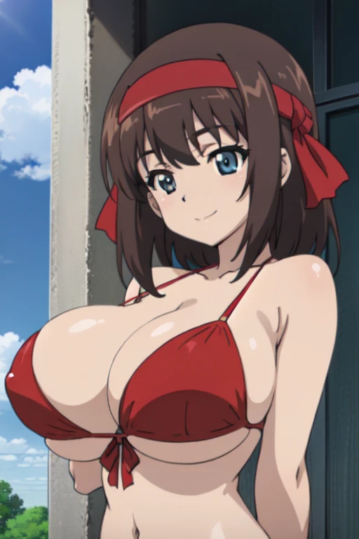 (anime cels style, best quality, high resolution, megami magazine, anime poster style, photorealistic), (beautiful eyes:1.2), kondou_taeko:1.5, Girls und Panzer, 1girl, smile, medium hair, brown hair, brown eyes, (red headband under bangs), (huge breast), (red bikini), upper body, (perfect detailed anatomy, beautiful face, perfect body, perfect arms, shiny skin), sunshine, bluesky