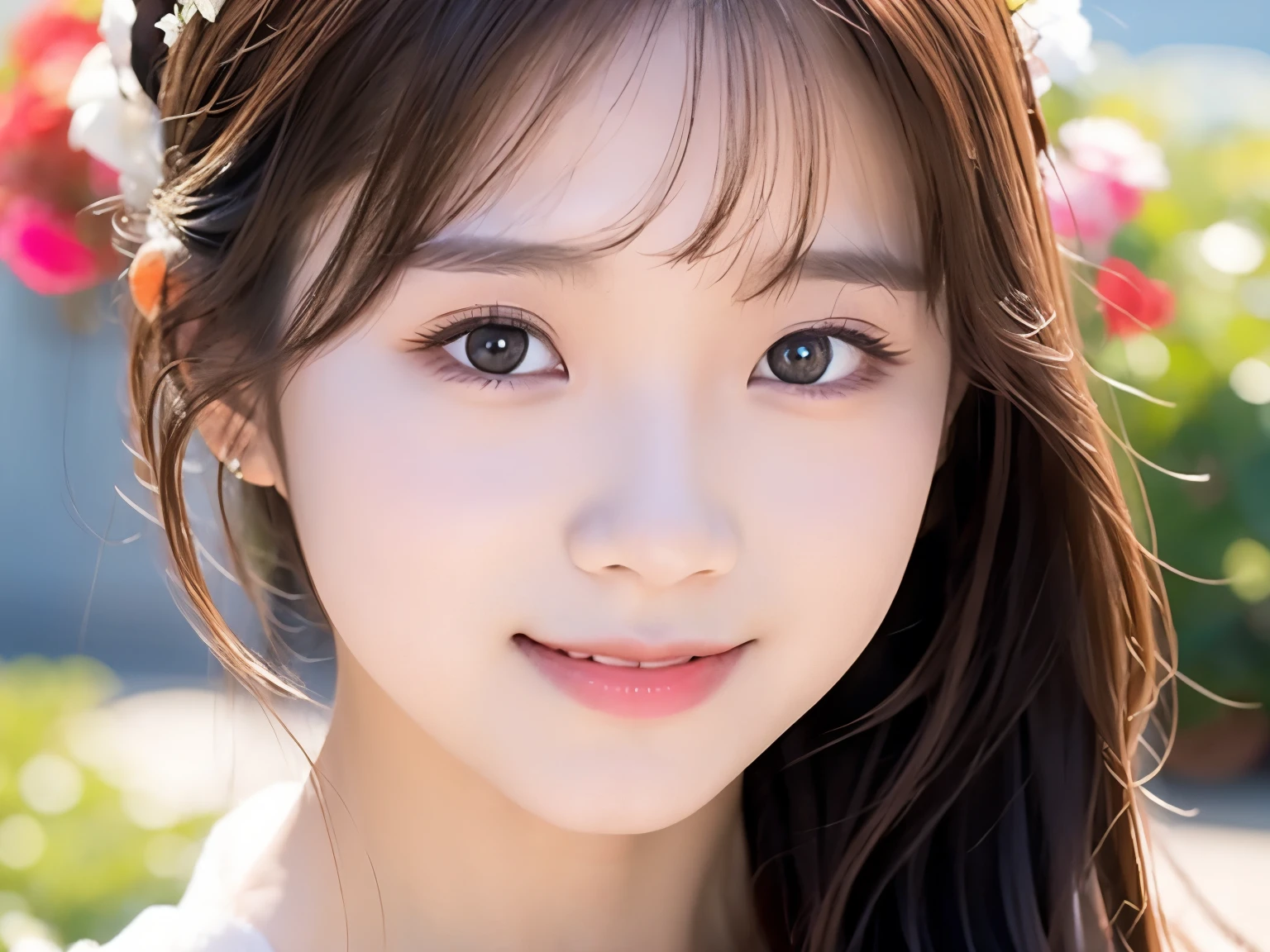 asian portrait，Photoreal， Good looking and big eyes，young girl，white dress