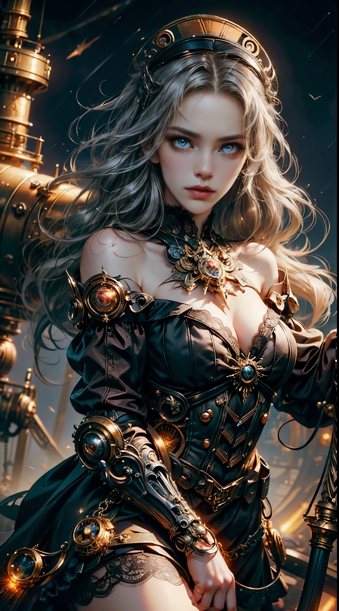 Wizard girl. 
(((masterpiece, best quality, raw photo, photorealistic, depth of field, ultra detailed, detailed face, very precise eyes))), Dynamic Action Pose, Invoke Magic, Mechanical Magic Weapons,  very slender long legs, lace stockings on the knee, steampunk headgear, fluttering lace flared mini skirt, off-shoulder fashion with a fusion of detailed and intricate steampunk and detailed gothic ta, upward and beautiful small breasts, Clean long silver hair, long vertical curly hair, wind driven, futuristic complex steampunk factory background, infinite dark universe, flying celestial bodies, countless celestial neon lights raining down from the heavens, cinematic lighting decoration.