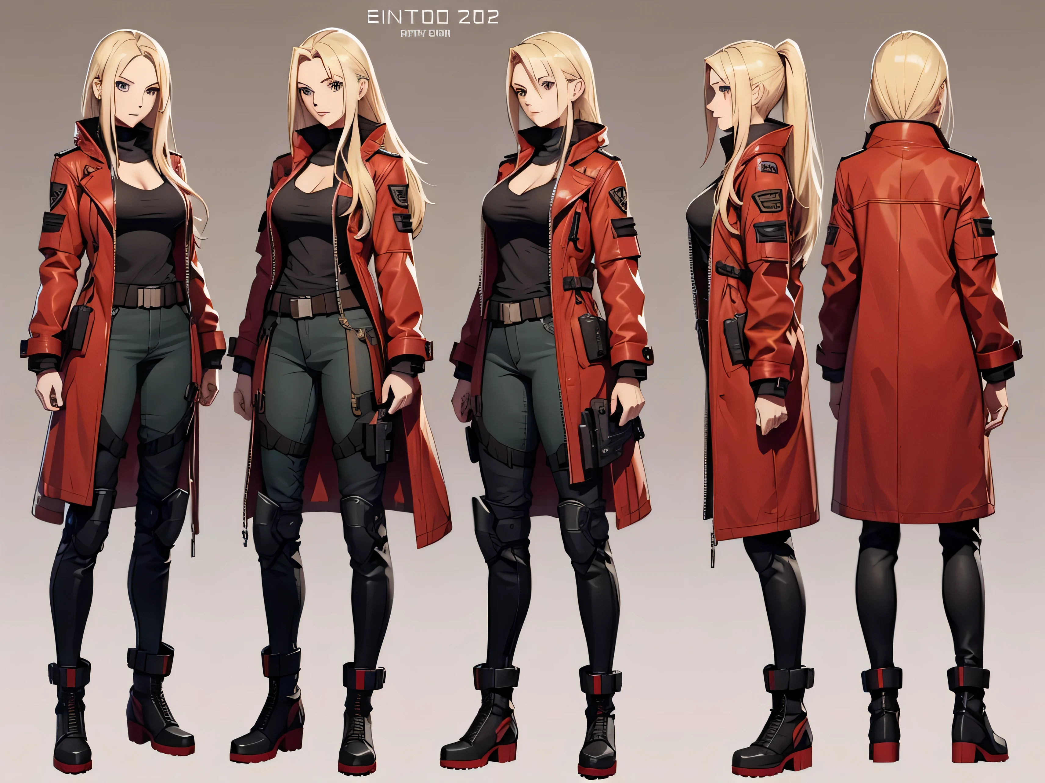 A woman, 20 years old, long blonde hair, tall boots, futuristic red jacket, tank top, cleavage, military pants, tech equipment, Jill valentine, dog tag, various angles, (front, back, side), character sheet, model sheet, reference sheet.