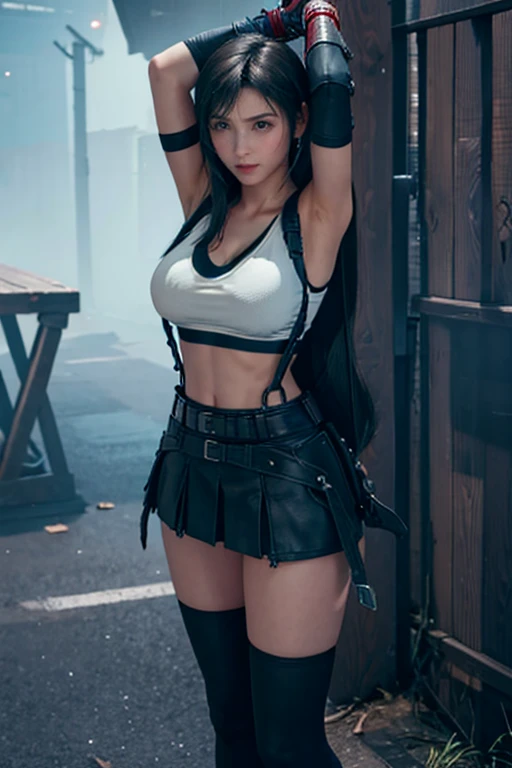 nsfw, {{{masterpiece}}}, {{{best quality}}}, {{ultra-detailed}}, {{an extremely delicate and beautiful}}, 8K, HDR
 BREAK
 {{Tifa Lockhart}}, voluptuous breasts, gigantic breasts, cleavage, 20 years old, {{full body}}
 BREAK
  {{broken cloths:2.2}}, {{torn cloths:1.2}}, elbow pad, Fingerless gloves, {{torn clothes}}, {{torn shirts}}, {{bare breasts}}, {{bare bra}}, {{torn skirt}}, {{bare underwear}}
 BREAK
 disdain, embarrassed, water eye, erectile nipples,
 BREAK
 arms up, erectile nipples, sexy, looking to the side, standing, split legs ,exposed nipples, exposed pussy
 BREAK
 physical restraint, ((bondage)), (captured, restraints, facial expression of despair, restrained, shackles, iron chains, leather harness, facial expression of despair, rope)
 BREAK
 torture chamber, jail