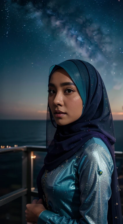 Craft a celestial-themed portrait of a Malay girl in hijab, wearing kebaya pair with mermaid long skirt, Illuminate the hijab with shimmering and dark blue, emerald, purple galaxies, blending the earthly with the cosmic milky way shuttering in a mesmerizing and ethereal composition, 8mm, Close-up shot, cool-toned color grading, depth of field, film noir
