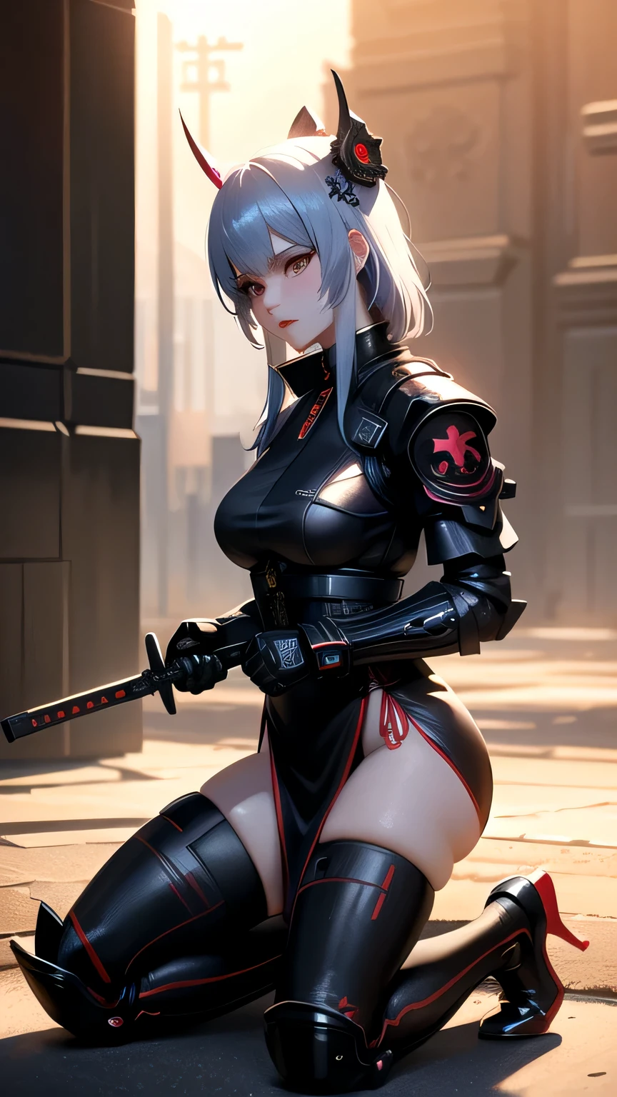 Hyperrealistic version of a woman kneeling down with a sword in her hand, very beautiful cyberpunk samurai, anime cyberpunk art, cyberpunk samurai, cyberpunk anime art, anime cyberpunk, cgsociety 9, digital cyberpunk anime art, style of maciej kuciara.1girl, samurai armor, helmet oni evil mask,intricate, ornaments detailed, cold colors, metal, egypician detail, highly intricate details, realistic light, trending on cgsociety, glowing eyes, facing camera, neon details, ultra realistic details, portrait full body, japanese atmosphere, global illumination, shadows, octane render, 8k, ultra sharp.cool ta.