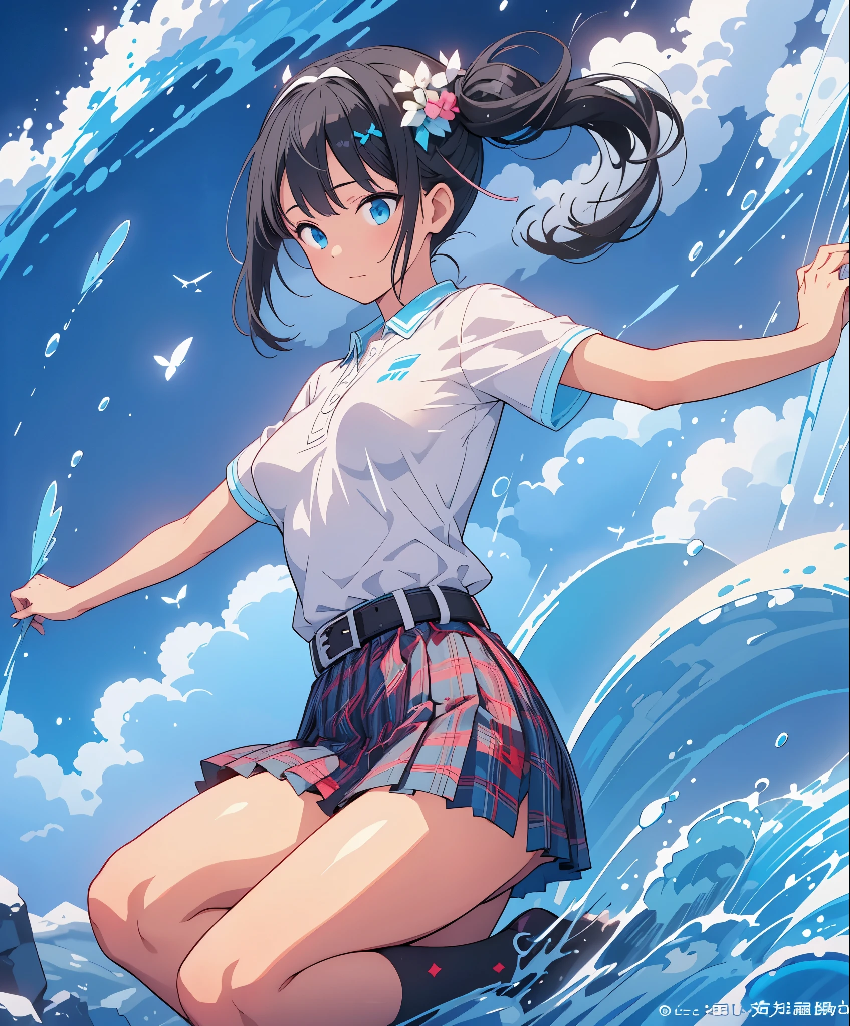 (masterpiece、highest quality、highest quality、official art、beautiful beautiful:1.2)、(1 girl:1.3)Hatsune Miku、twin tails,big breasts,From the side, shiny, shine, black hair, white hair band, long hair, (princess cut, dull bangs:1.3), blue eyes, white polo shirt, short sleeve, Form fitting, small breasts, forest, flight, mature woman, Cyan butterfly wings, red plaid pleated mini skirt, (Black belt:1.3), white stockings 