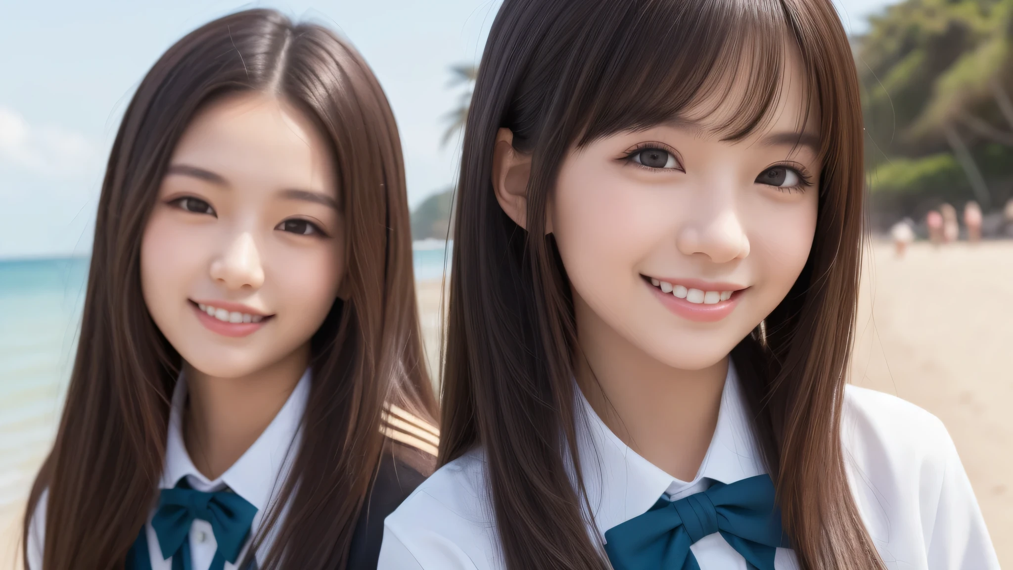 (2girls), (big smile), beautiful face, Amazing face and eyes, delicate, (Best Quality:1.4), (Ultra-detailed), (extremely detailed beautiful face), (princess hair cut style), cute smile, brown eyes, (highly detailed Beautiful face), (high school uniform:1.2), (extremely detailed CG unified 8k wallpaper), Highly detailed, High-definition raw color photos, Professional Photography, Realistic portrait, evening, Extremely high resolution, smiling, modern, trendy, fashionable, Group photo of high school girls, face close-up, (beach)