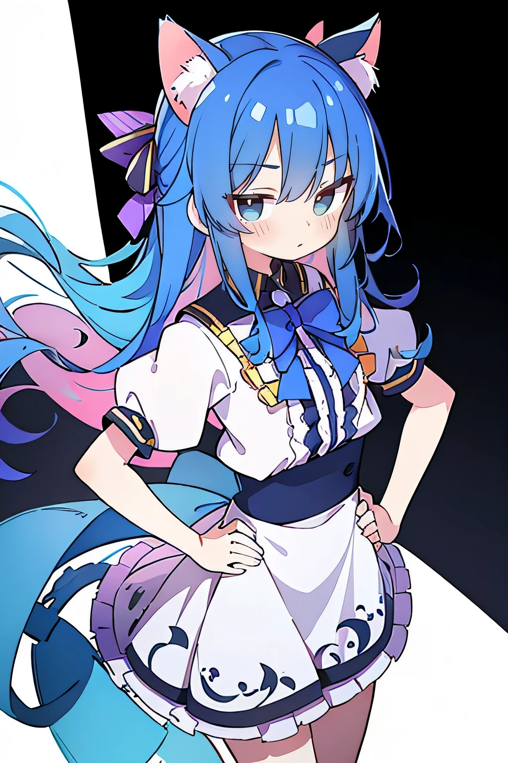 (masterpiece),best quality, expressive eyes, perfect face, 1girl,
Put your hands on your waist,fair, Gorgeous,Japanese cartoons,girl,lola,Hina Angel, blue hair, blue haired, floating clothes,Grab your waist, Grab your waist, hands on hips , hands on hips,sit, sit on ground, Legs on the ground, flat chest,cat ears,