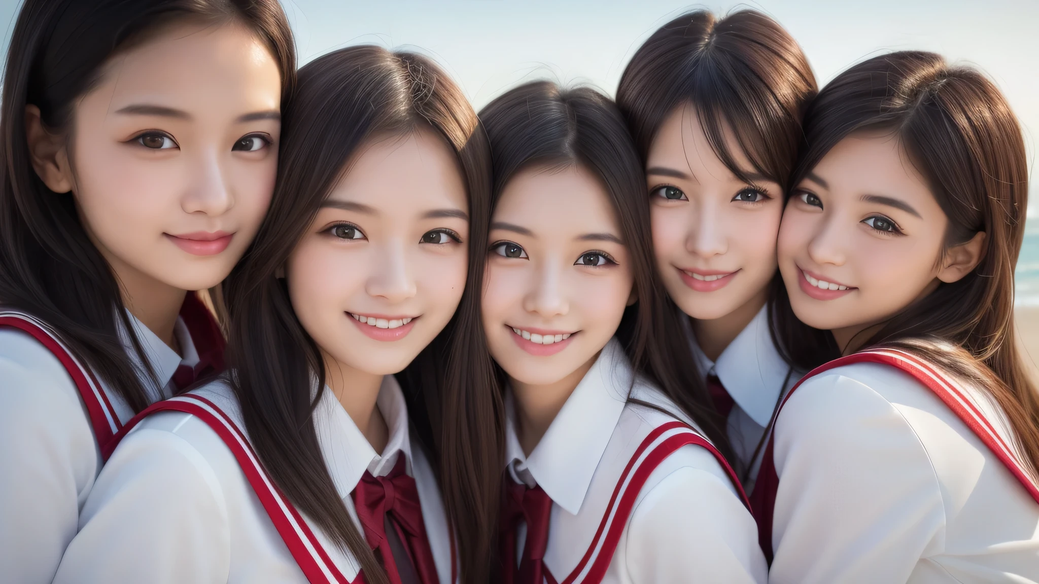 (1girl), (big smile), beautiful face, Amazing face and eyes, delicate, (Best Quality:1.4), (Ultra-detailed), (extremely detailed beautiful face), (princess hair cut style), cute smile, brown eyes, (highly detailed Beautiful face), (high school uniform:1.2), (extremely detailed CG unified 8k wallpaper), Highly detailed, High-definition raw color photos, Professional Photography, Realistic portrait, evening, Extremely high resolution, smiling, modern, trendy, fashionable, Group photo of high school girls, face close-up, (beach)