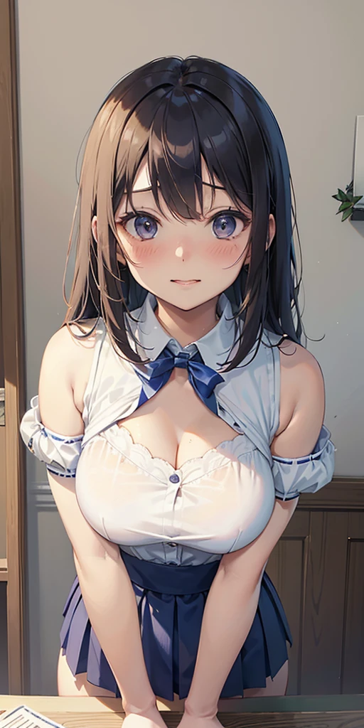 masutepiece, Best Quality, a 20 yo woman、Detailed background, governess, White shirt with short sleeve collar, darkblue pleated skirt, Medium milk, hanging breasted, cleavage, Blushing, Shy laughter, Bare shoulders, (Leaning forward), Have a book、Slouched、Staring Up