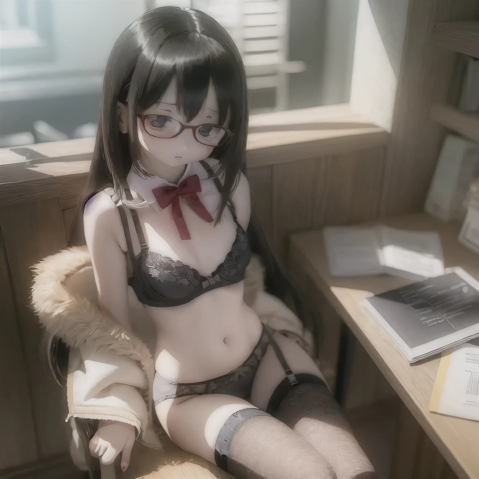 (best quality,photorealistic:1.37),vivid colors,ultra-detailed,physically-based rendering,"tabletop","expressive eyes","perfect face","closed lips","small chest","barefoot","Akemi Homura standing","black hair","sitting on a chair","black-framed glasses","(((((sexy underwear)))))"