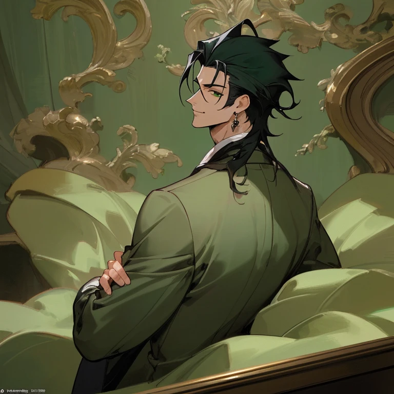 masterpiece, official art, 8k, best quality, highly detailed, mysterious, dark, sophisticated, upscale, men, , confidently observing the scene with a sly smile, green eyes, black hair, side view face with back facing, good posture, bored look, luxury, male, guy