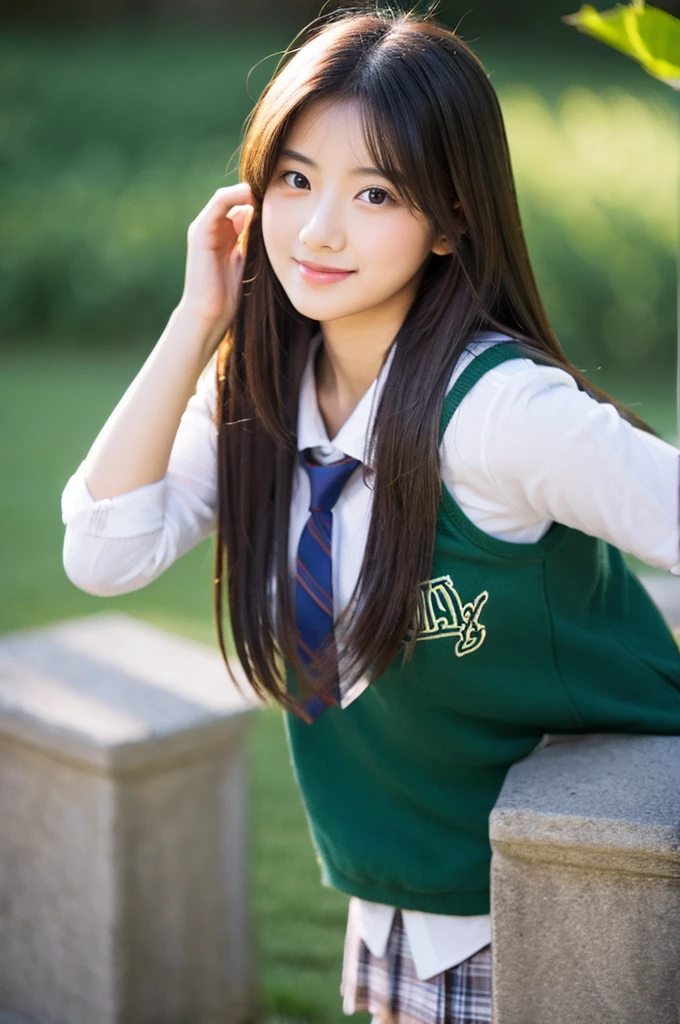 (8k), (highest quality: 1.2), (realistic), (realistic: 1.37), ultra high resolution, (1 girl、17 years old), With a smile、White panties、Sit with your knees raised、Don't put your knees on the ground、Sit with your buttocks on the floor、Sit with your knees raised、Hold both knees in front of your chest 1.5、Knees in front of chest))、Commuting、classroom、garden、grass、Sit on your buttocks on the ground1.5、Crouching on the floor1.5、Hold on to the strap、(((1By people)))、(((from the front、From below、Directly against、looking at the camera)))、((Beautiful high school girl、17 years old))、(Mid-length hair、Straight Hair、Black Hair、 ponytail 2)、((school uniform1.5、green blazer 1.5、Dress shirt 3、School emblem 2、emblem 3、V-neck sweater 2、Green tie 3、Brown pleated skirt 3、Brown checkered skirt 1.5、Green below-the-knee skirt 1.5、Brown knee-high socks 1.5))、((Slightly open legs 1.5、between legs、White panties 1.5、genital))、Sitting with legs crossed、I can see her butt and crotch、Bring your knees together and hold them in front of your chest、squatting, spread legs、hugging own legs1.5、wariza、 (crossed arms、Hands on Hips、hands on head1.5)