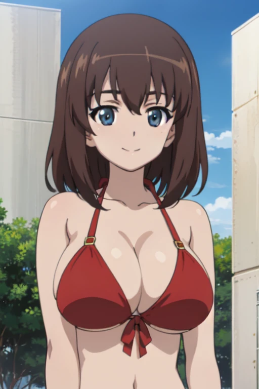(anime cels style, best quality, high resolution, megami magazine, anime poster style, photorealistic), (beautiful eyes:1.2), kondou_taeko:1.5, Girls und Panzer, 1girl, smile, brown medium hair, brown eyes, red headband, (huge breast), (red bikini), upper body, (perfect detailed anatomy, beautiful face, perfect body, perfect arms, shiny skin), sunshine, bluesky