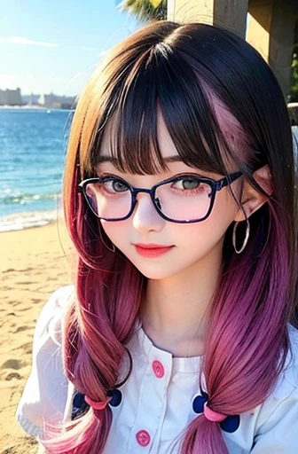 small face、 Glasses、Super detailed,明るいcolor, very beautiful detailed anime face and eyes, look straight, shiny_skin,girl, (((虹colorの髪, colorful hair, Half black、half pink hair: 1.2))) 、forehead is exposed.、green eyes、、shiny hair, delicate beautiful face, blush、Glasses、(turquoise eyes), White skin, Valletta, earrings,、sunset、Ocean、swim、（（（Polka dot pattern、Blue summer clothes、White checked mini skirt）））、twin tails、smile、happy face、face dyed red、color々pose、Head to toe full body portrait、dynamic