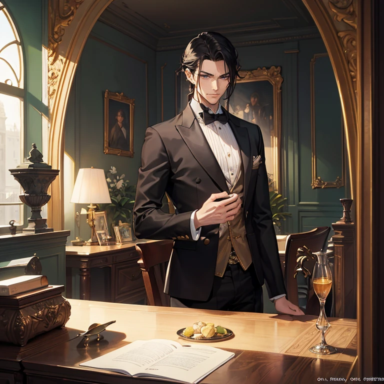 masterpiece, official art, 8k, best quality, highly detailed, mysterious, dark, sophisticated, upscale, men, , confidently observing the scene with a sly smile, green eyes, black hair, side view face with back facing, good posture, bored look, luxury, male, guy