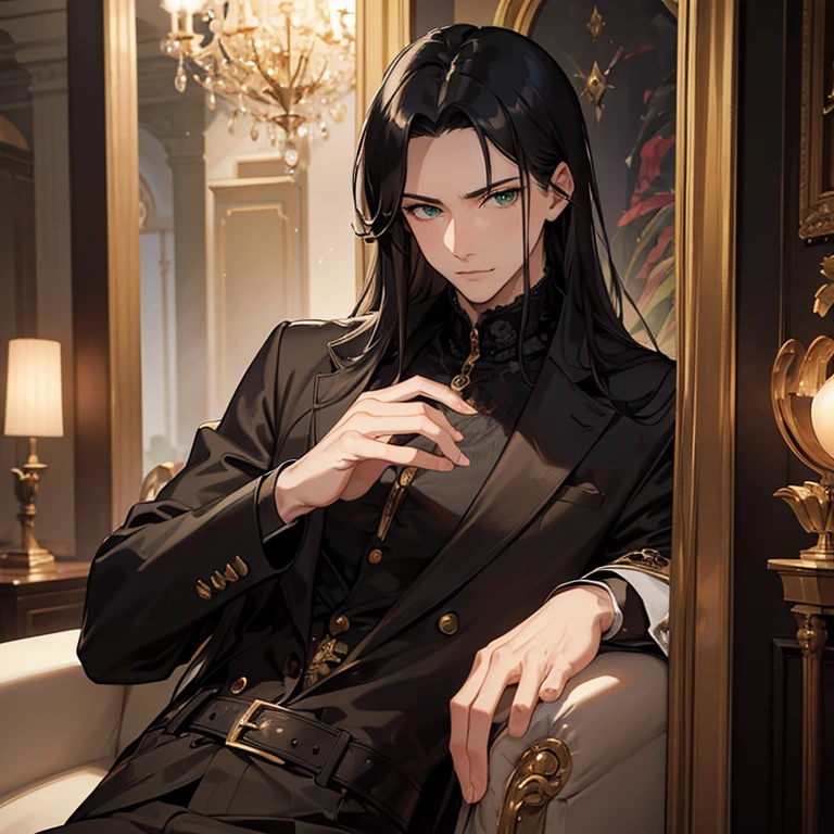 masterpiece, official art, 8k, best quality, highly detailed, mysterious, dark, sophisticated, upscale, men, , confidently observing the scene with a sly smile, green eyes, black hair, side view face with back facing, good posture, bored look, luxury, male, guy