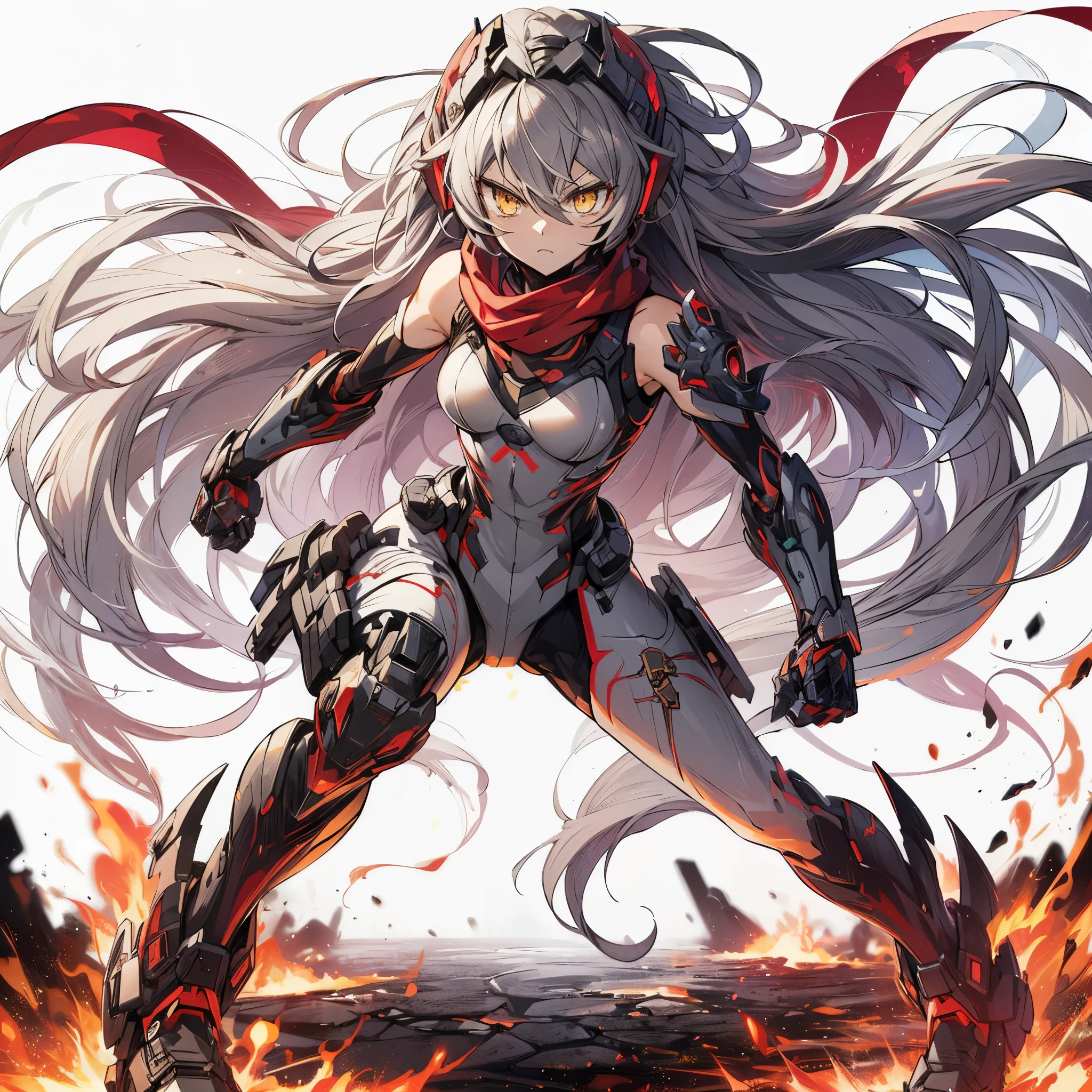 (Masterpiece, Top Quality), (Fine Hair), Ultra-Detailed, Anime Style, Solo, Full Length, Concept Art, Cyber grappler Girl, Ash-Gray Hair and Yellow Eyes, Body-Fitting Thin High-Tech Suit and Red Scarf, Face Exposed Cyber Headgear, Huge Gauntlets, fighting Pose, supernatural red and black flames, wearing huge mechanical boots, White background, standing full length, Digital painting, standing on burnt earth, ((Senki Zesshou Symphogear))  