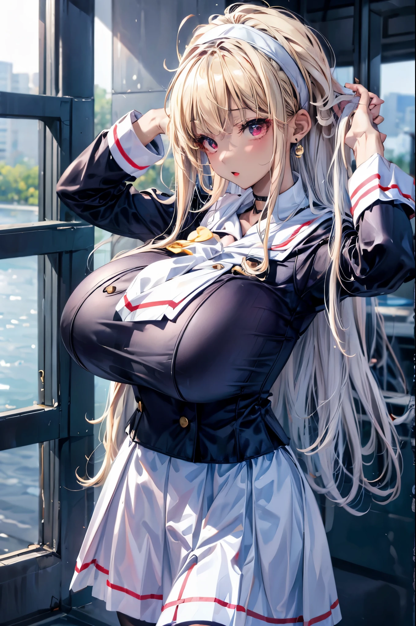 (masterpiece:1.2、highest quality、T Masterpiece)、1 female、alone、classroom、Day、stand、blonde、red eyes、(sailor suit:1.25)、(black skin:1.25)、big breasts、pantyhose、corset、earrings、lipstick、very sweaty、choker、headband、blush、long hair