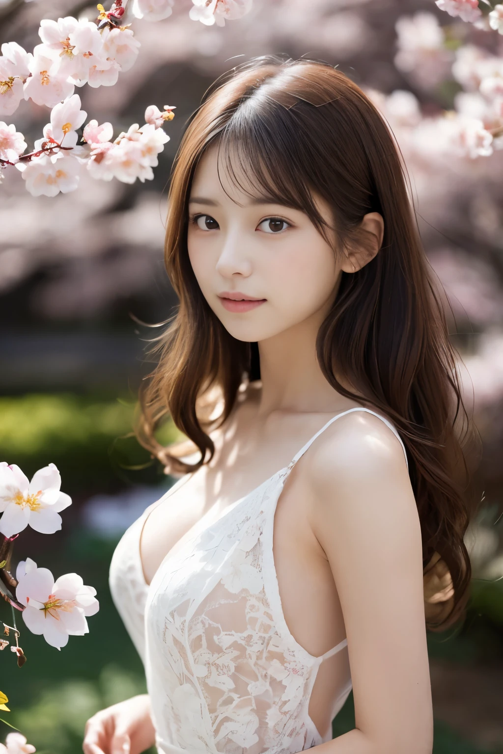 (masterpiece、High resolution、high resolution、超High resolution、Delicate、16K、perfect lighting、sunlight)1 female(brown hair、long hair、curly hair、clear eyes、dense lips、beautiful breasts、slim、slender、OL,garden、cherry blossoms、cherry blossoms並木、