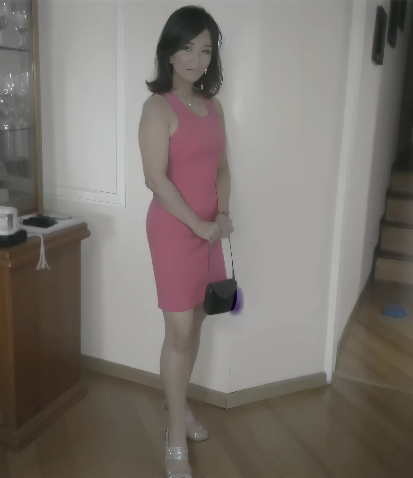 there is a woman in a pink dress standing in a room, wearing a pink dress, dressed in a pink dress, she is about 40 years old, pink dress, she is about 40 years old, she is about 40 years old, she is about 40 years old,  wearing a red dress, wearing a red sundress. Full body photo, clear photo, high quality, high resolution, masterpiece, 8K
