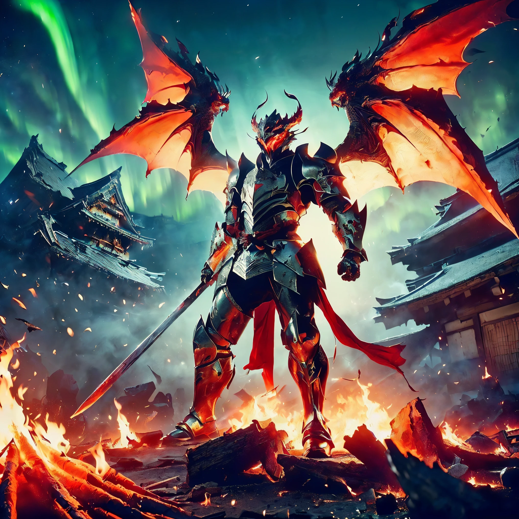 (((Realistic, masterpiece, best quality, crisp detail, high definition, high detail, very rich detail, sharp focus, sharp detail, colorful, rich color, perfect studio lightning))), ((20 years old, beautiful goddes of destructions, red hair)),(((in the middle of war, epic war scene, offensive stance))), wearing (((beautiful decorated golden heavy armor, fire dragon armor, decorated full body armor, fully armored beautiful kimono, wide fire wings))), (holding giant fire), (((blood everywhere, death everywhere, japan bakumatsu period, dead bodies, fire demons, burnt japanese castle, fire dragons, kaiju,meteor shower, aurora)) flooded by molten lava traditional village background), heavy fire rain,