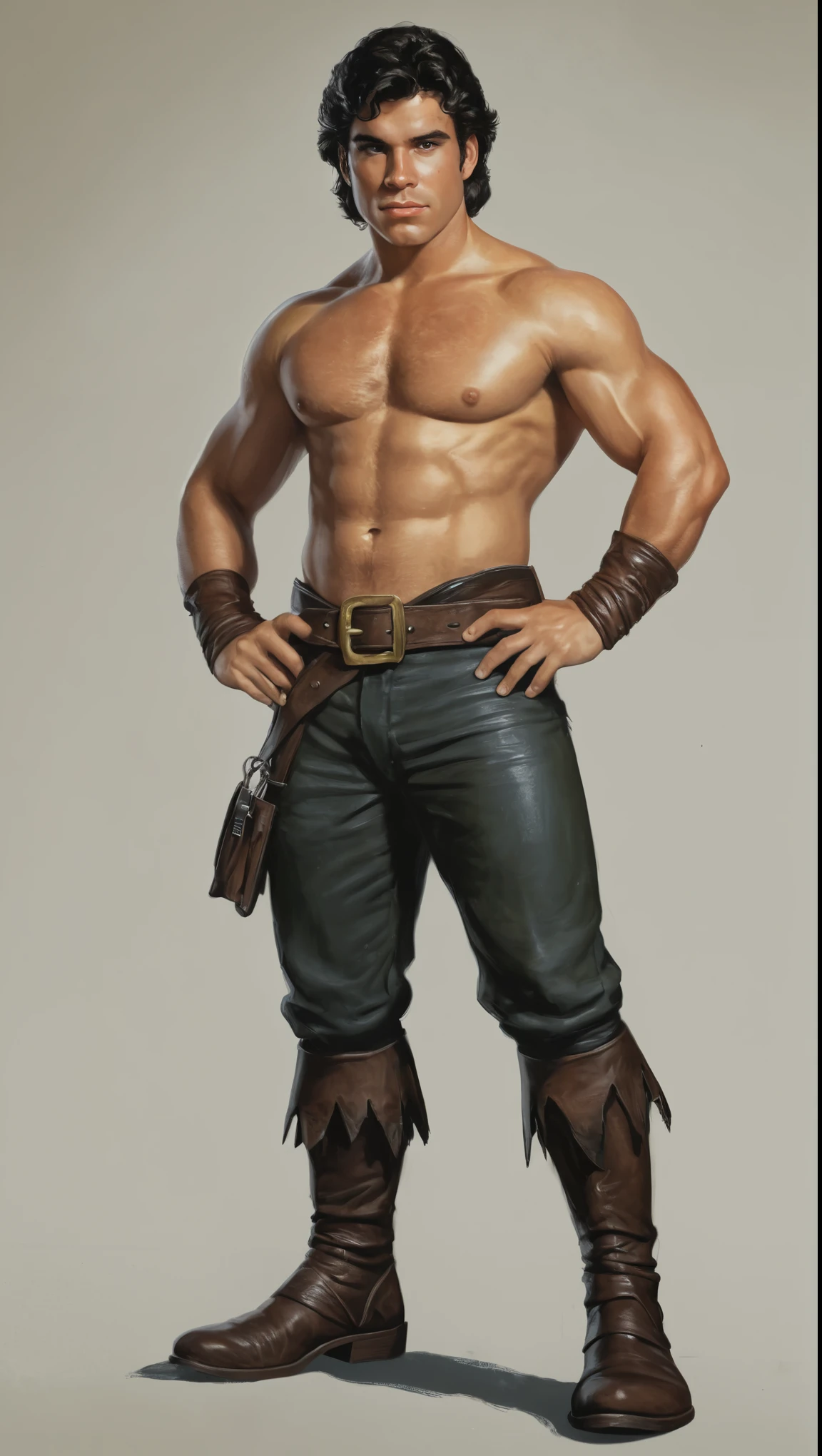 An illustrated movie poster, hand-drawn, full color, a pirate, male, 22 years-old, wearing ankle-banded pants and leather boots, resembles a young Lou Ferrigno, sun-tanned skin, round face, average height, broad shoulders, soft belly, slightly chubby, deep brown eyes, wide bulbous nose, black hair, curly taper fade, thick bushy eyebrows, extremely hairy chest, stomach, and arms, lots of body hair, posing on a pedestal, wet listening skin, hard shadows, graphite shading, stencil marks, airbrushed acrylic paint, masterpiece, in the style of Skyrim 
