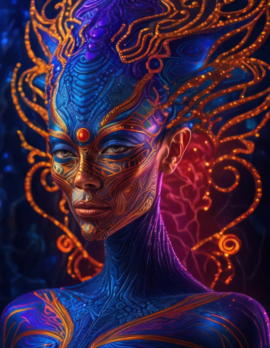 in style of Alex Grey, character concept design, half body 