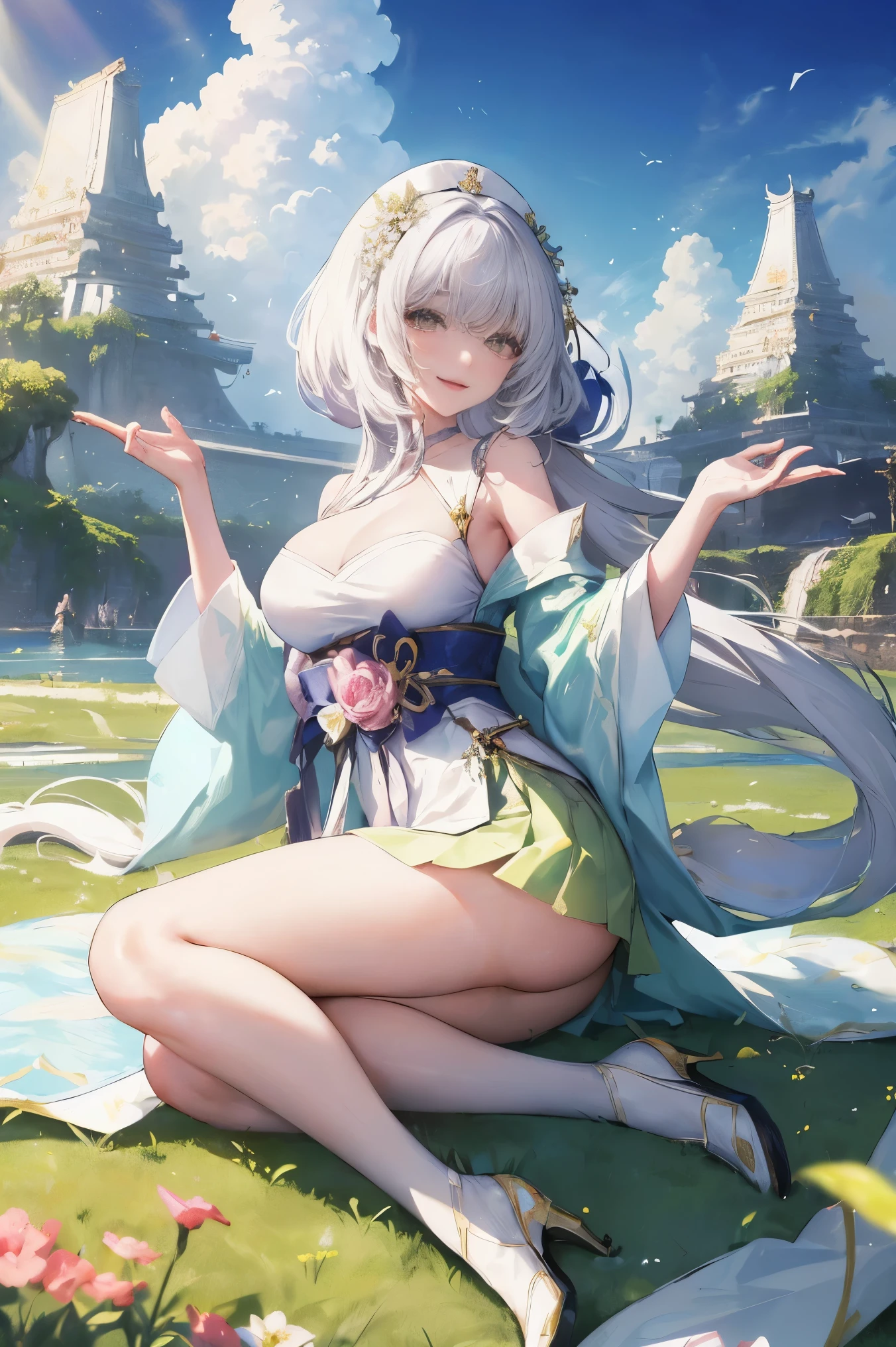 Animal ears　girl　A Chinese dress with a delicate design　Big Breasts　Bathe in the water of the waterfall from the head　soaked　See-through