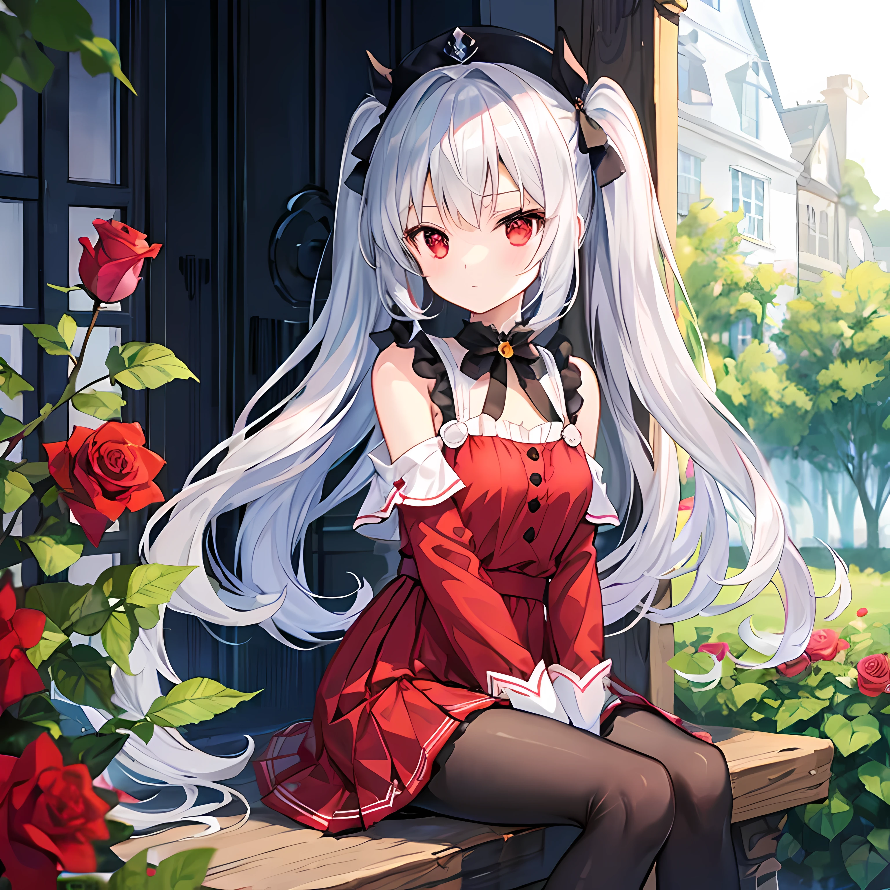 wavy silver hair、red eyes、Beautiful girl alone、Bright red dress、off shoulders、a miniskirt、Black tights、sitting on、poneyTail、rose garden