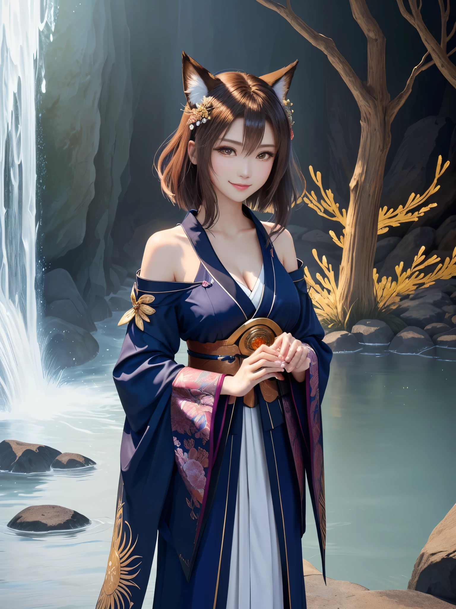 masterpiece , best quality,smile,smile,small face,shoulder exposure,golden kimono,A little cleavage exposure,double eyes,Japanese beauty,Big eyes,light brown hair,Mysterious世界,god of water,Mythical God,水色のMysterious雰囲気,Water sources surround the area,水色のMysterious背景,beautifully curled hair,slender body shape,brown eyes,Contrast faithfully reproduced,short hair,Beautiful short hair,Berry Short,short cut hair,just one person,precision quality,A faithful reproduction of the human eye,水色のMysterious雰囲気,水色のMysterious背景,beautiful details, colorful, delicate details, delicate lips, intricate details, genuine, ultrargenuineista, 枝に座っている色とりどりの髪のFoxを持つ女の子:Mature, bright eyes, ,色とりどりのFox, raposa de nine tails, 三尾Fox, 三尾Fox, onmyoji detail art, beautiful fine art illustration, mythical creatures, Fox, beautiful digital art,shrine maiden,hold hands,exquisite digital illustration, mizutsune, Inspired by mythical wild web creatures, pixiv in digital art, shining light, high contrast, Mysterious,