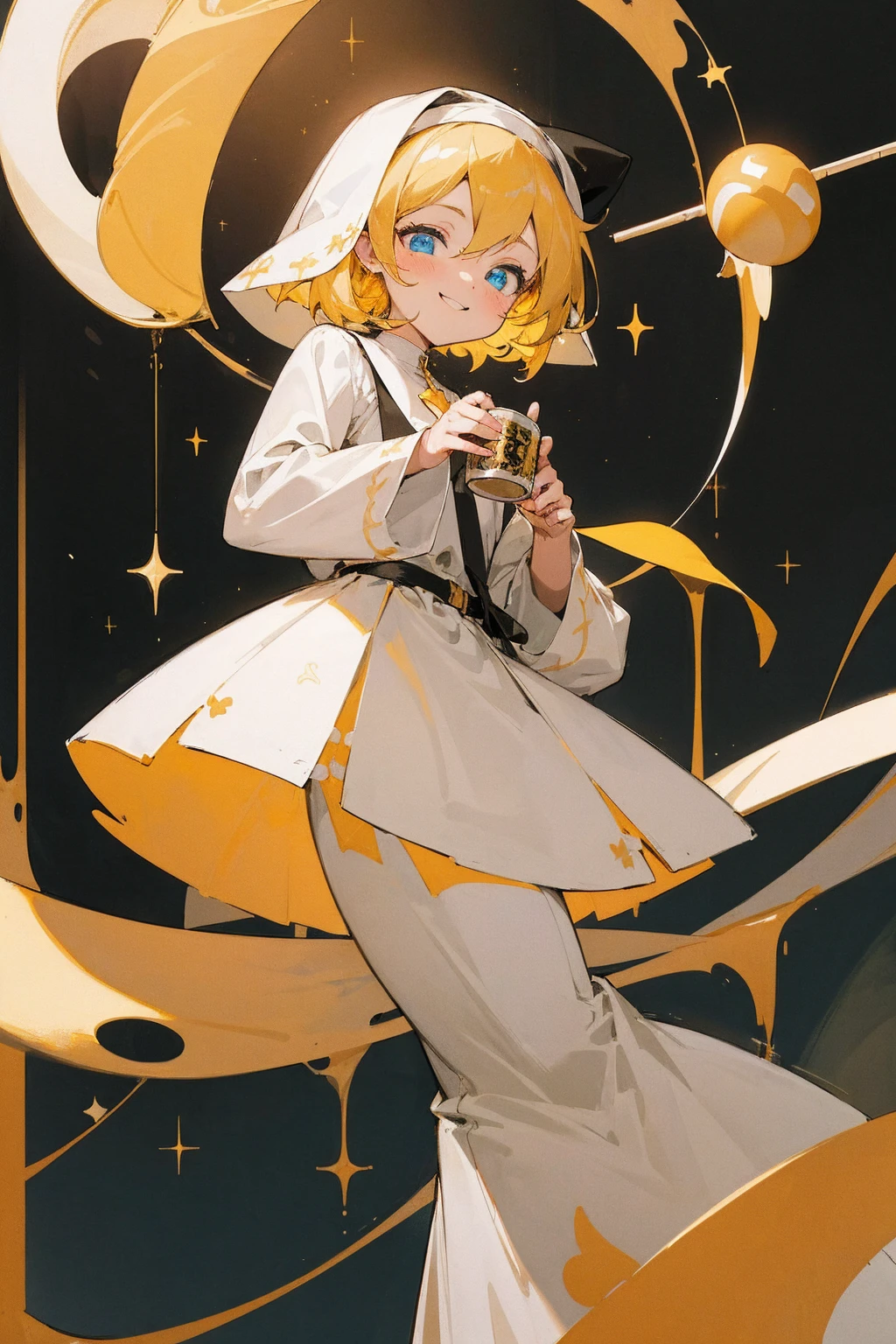 ((masterpice)), ((utral detailed)), ((cute)), ((niji art)), ((cute pose)), ((detailed eyes)), ((illusion)), blue eyes, ((detailed hand)), ((anime theme)), ((dark scene)), ((shape face)) ,1 girl,Kagamine Rin with a short curly messy blonde hair, wearing a white nun (sister) outfit with golden string, outfit beautiful (detialed), ((sparkling)), ((cute detailed artstyle)), church white background, cute, Japan, sister mercy song, dark,background in a church fill with golden sparkling light,Kagamine Rin with a short blonde curly hair, wearing a white nun (sister) outfit with golden string((detailed)), ((masterpiece)), ((cool smiling)), hand holding a cup of tea.,kagamine rin, ((bloom)).,RETRO ART STYLE, NEON_POP ART STYLE, ART STYLE,add_detail:1, add_detail:0, add_detail:0.5