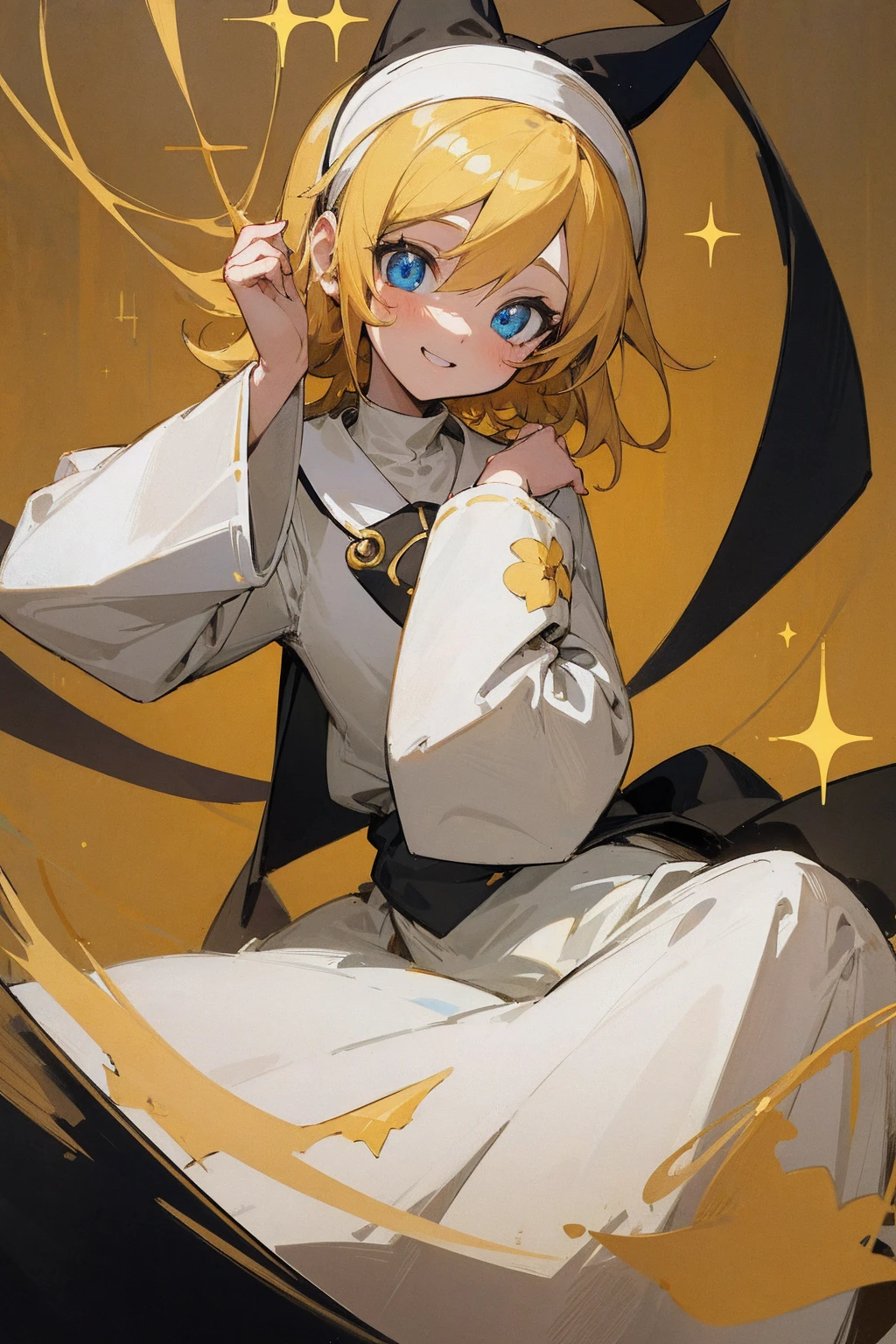 ((masterpice)), ((utral detailed)), ((cute)), ((niji art)), ((cute pose)), ((detailed eyes)), ((illusion)), blue eyes, ((detailed hand)), ((anime theme)), ((dark scene)), ((shape face)) ,1 girl,Kagamine Rin with a short curly messy blonde hair, wearing a white nun (sister) outfit with golden string, outfit beautiful (detialed), ((sparkling)), ((cute detailed artstyle)), church white background, cute, Japan, sister mercy song, dark,background in a church fill with golden sparkling light,Kagamine Rin with a short blonde curly hair, wearing a white nun (sister) outfit with golden string((detailed)), ((masterpiece)), ((cool smiling)), hand holding a cup of tea.,kagamine rin, ((bloom)).,RETRO ART STYLE, NEON_POP ART STYLE, ART STYLE,add_detail:1, add_detail:0, add_detail:0.5